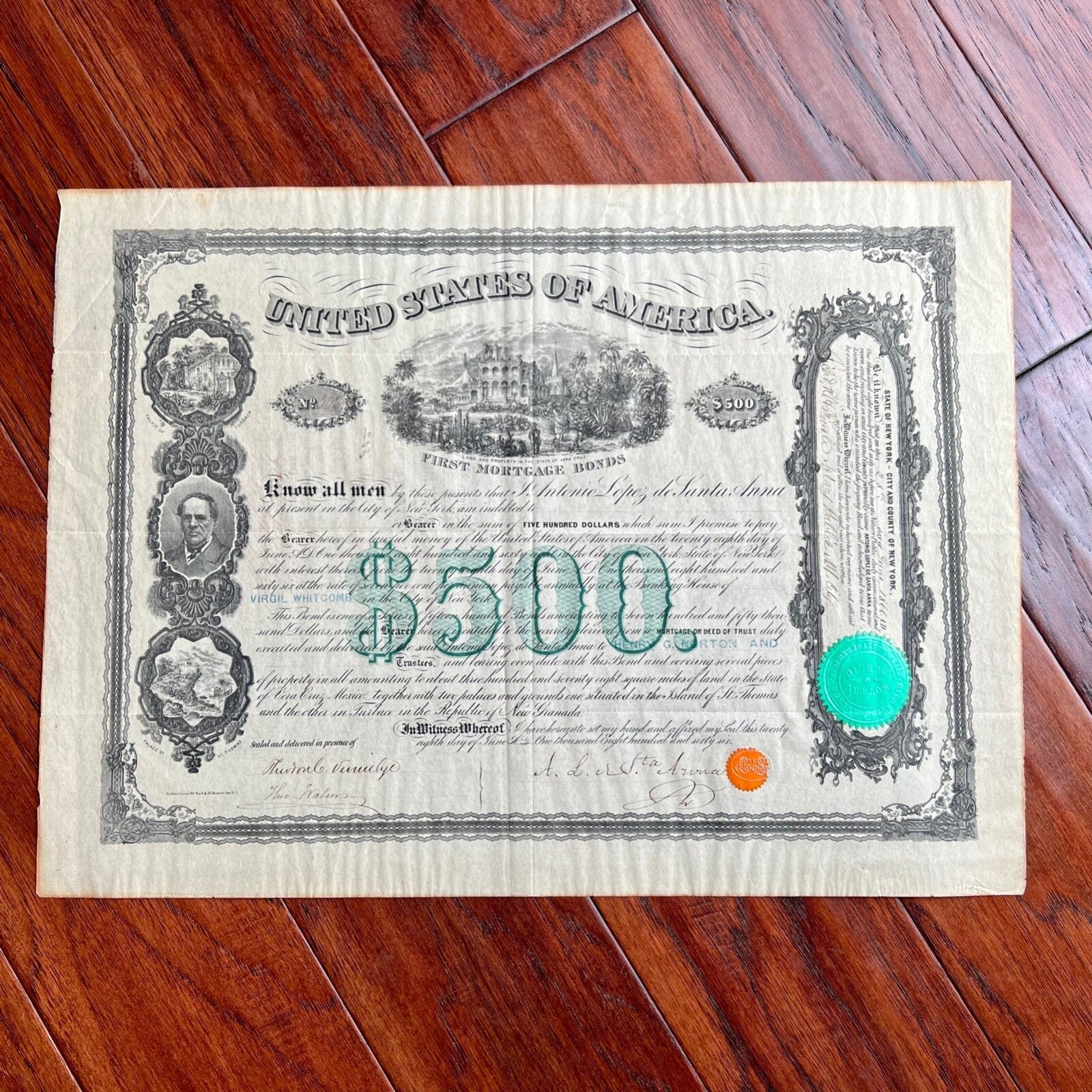 ANTONIO LOPEZ DE SANTA ANNA * PSA/DNA * Autograph Bond Certificate Signed Alamo