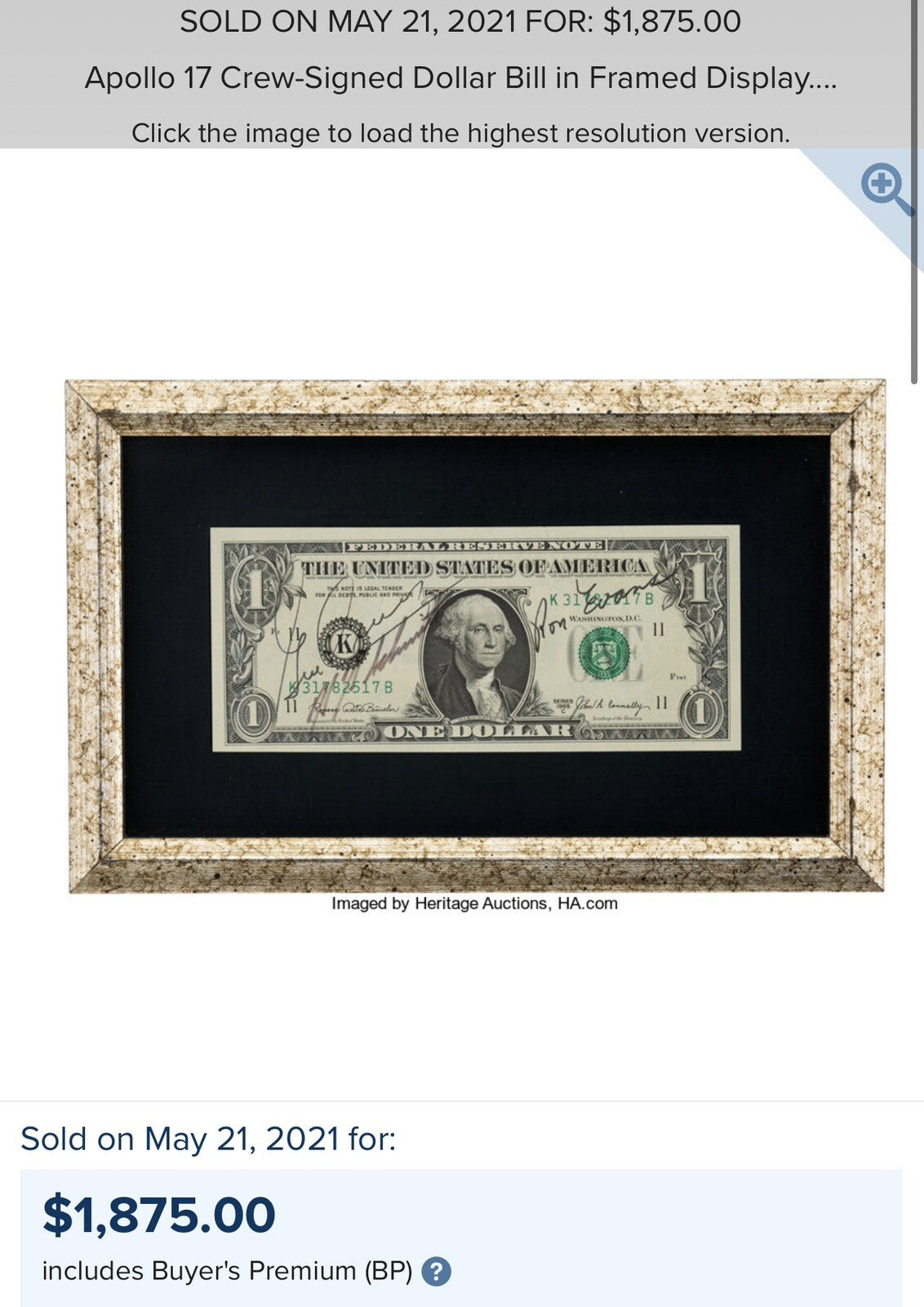 APOLLO 17 * PSA * Crew Signed Dollar Bill Autograph Gene CERNAN  EVANS * SCHMIDT