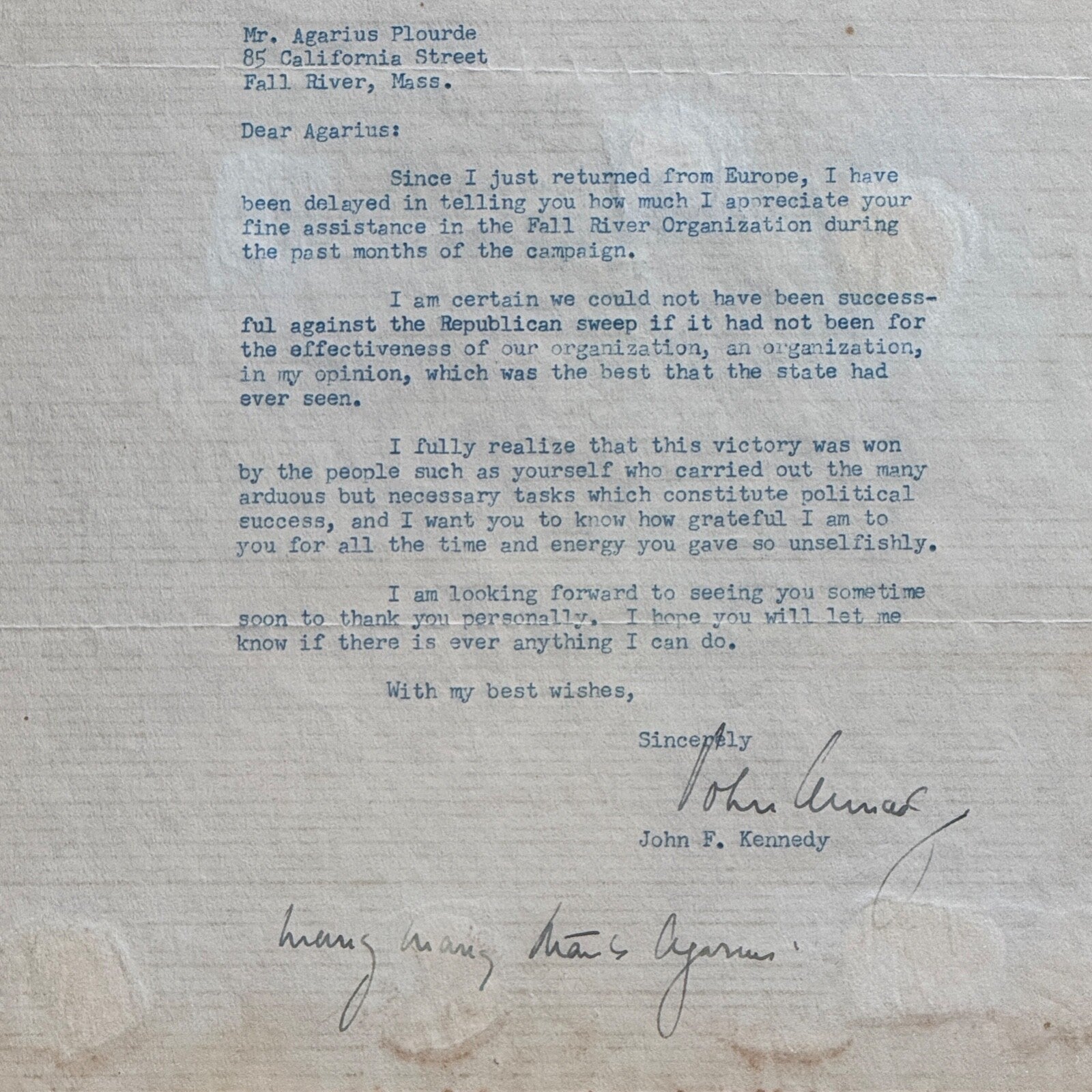 JOHN F. KENNEDY * PSA * Congress AUTOGRAPH "Republican Sweep" Letter SIGNED