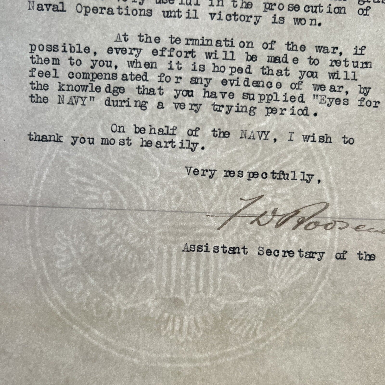 FRANKLIN D. ROOSEVELT * JSA * Autograph Signed Letter for Binoculars Used in WWI