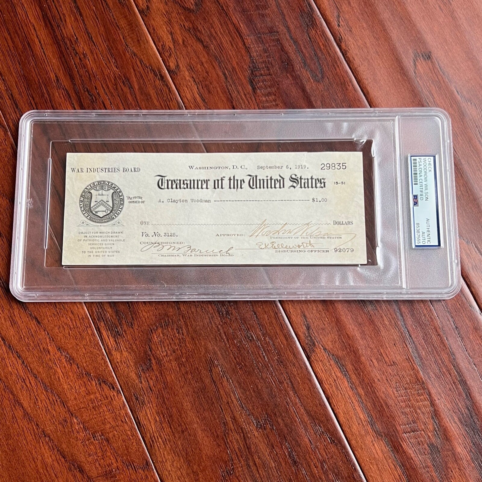 WOODROW WILSON * Autograph Symbolic WWI $1 CHECK Signed as POTUS * Dollar