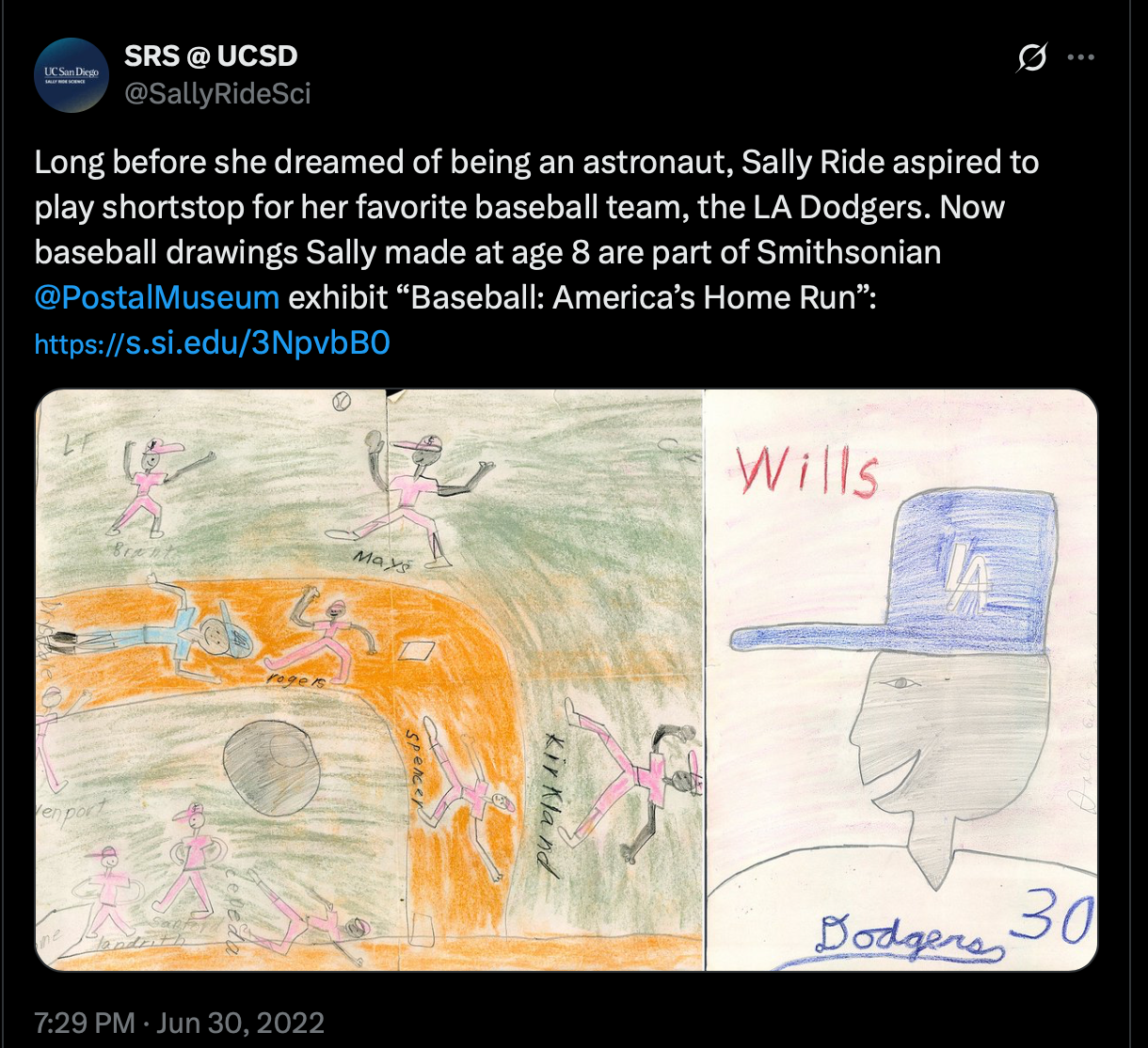 SALLY RIDE * Ride Estate Signed COA * Childhood DODGERS Drawing EX: Smithsonian