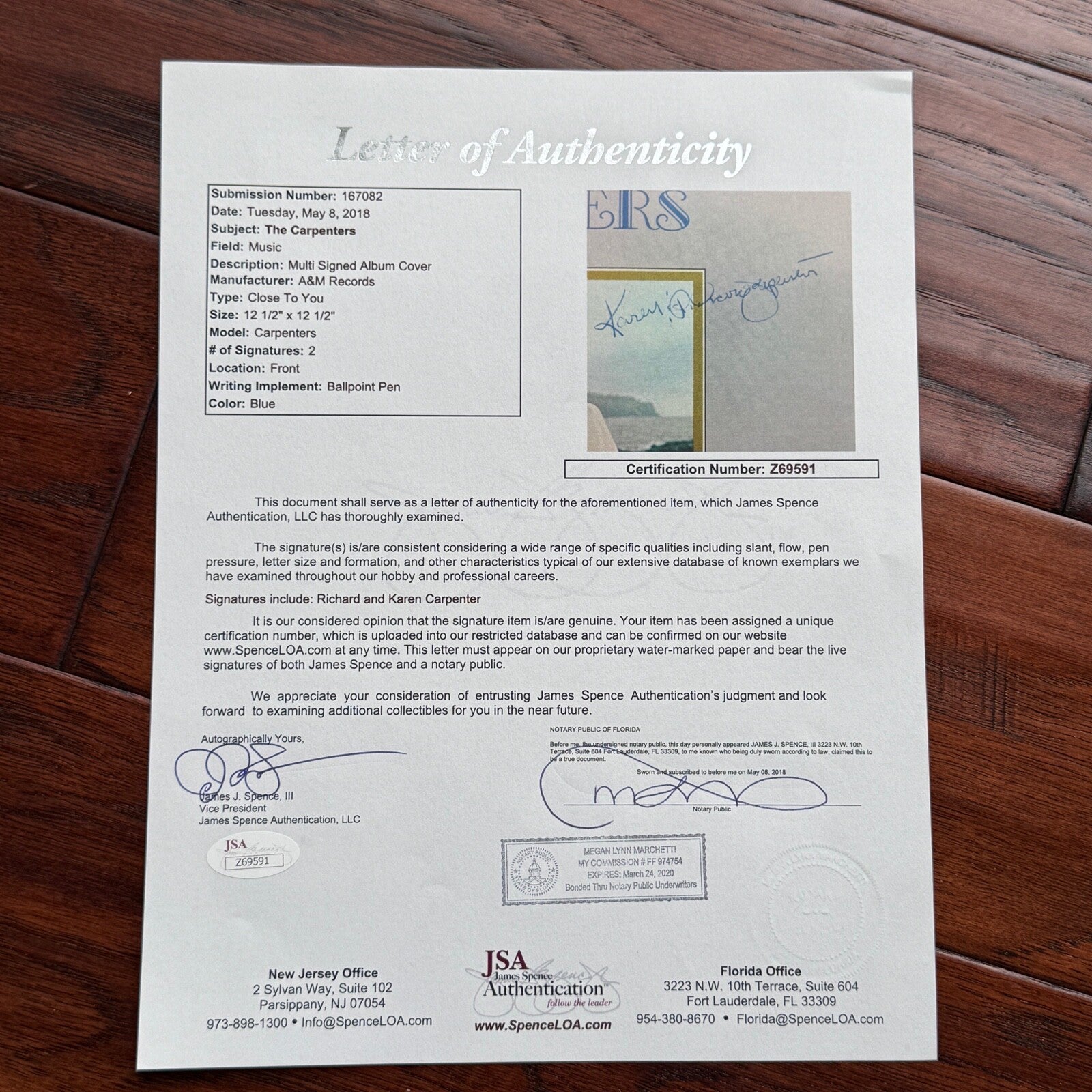 CARPENTERS * JSA * KAREN & RICHARD AUTOGRAPH "CLOSE TO YOU" ALBUM SIGNED LP