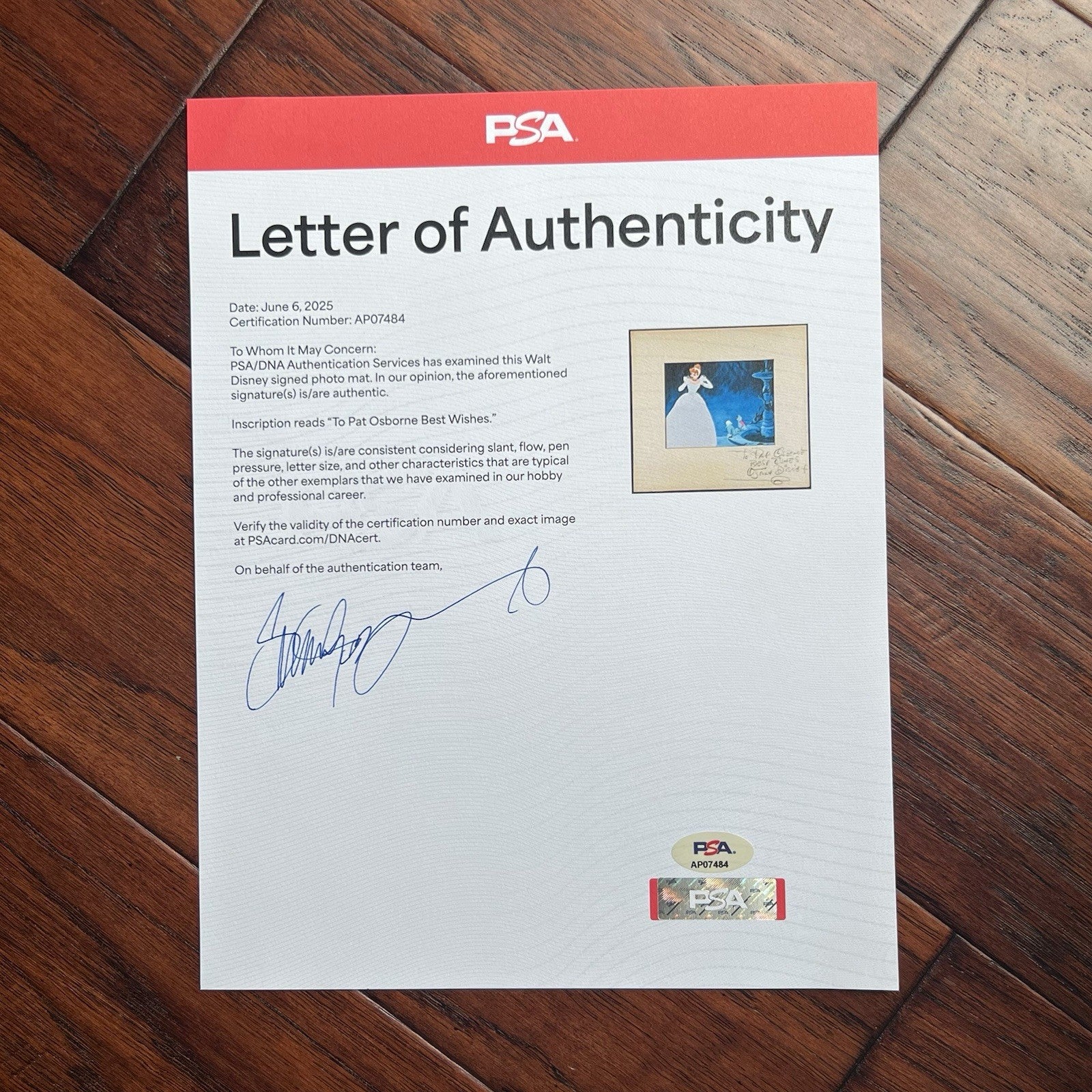 WALT DISNEY * PSA * Cinderella Signed Production Mat Autograph Signature