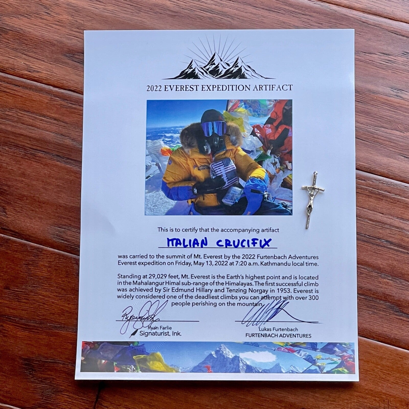 MOUNT EVEREST Genuine Crucifix Cross ARTIFACT Carried to the Summit * 29029 FT