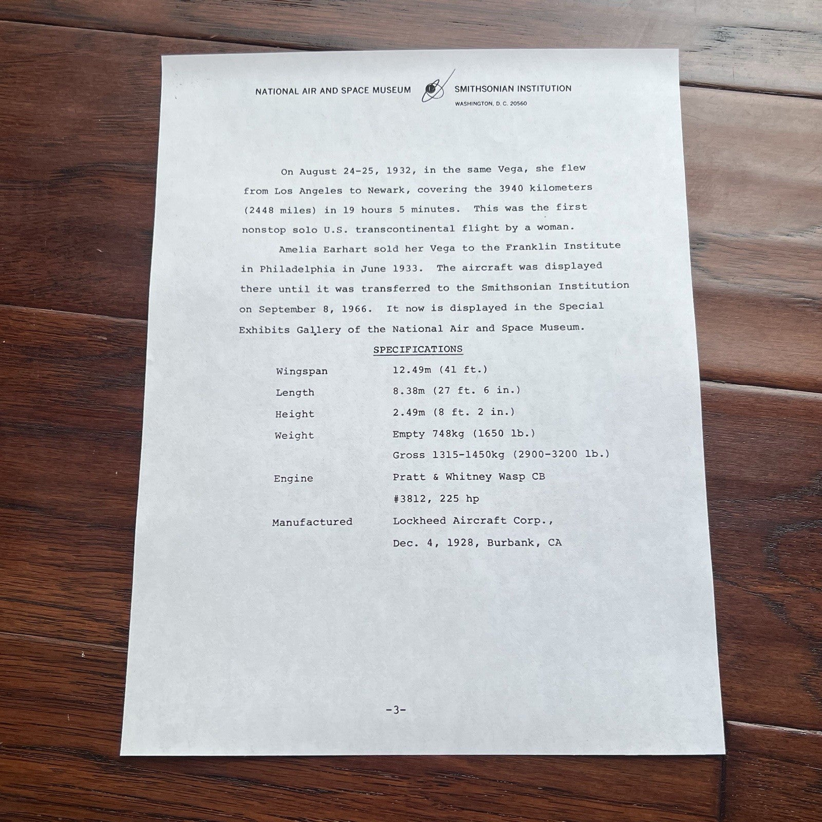 AMELIA EARHART * Original LARGE Flown Vega 5B Fabric Ex Smithsonian Institution