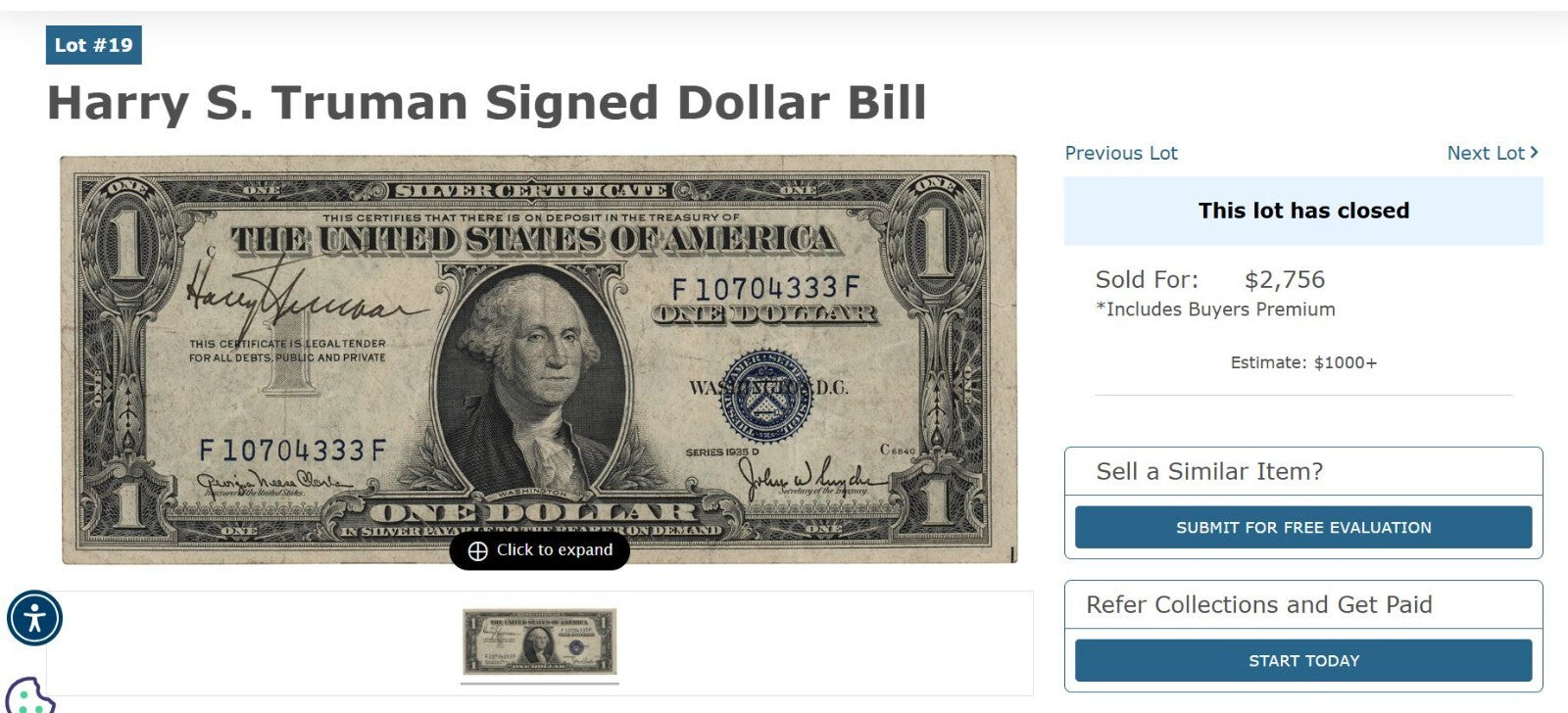 HARRY S TRUMAN * BAS Beckett * Autograph $1 Dollar Bill Signed * BUCK STOPS HERE