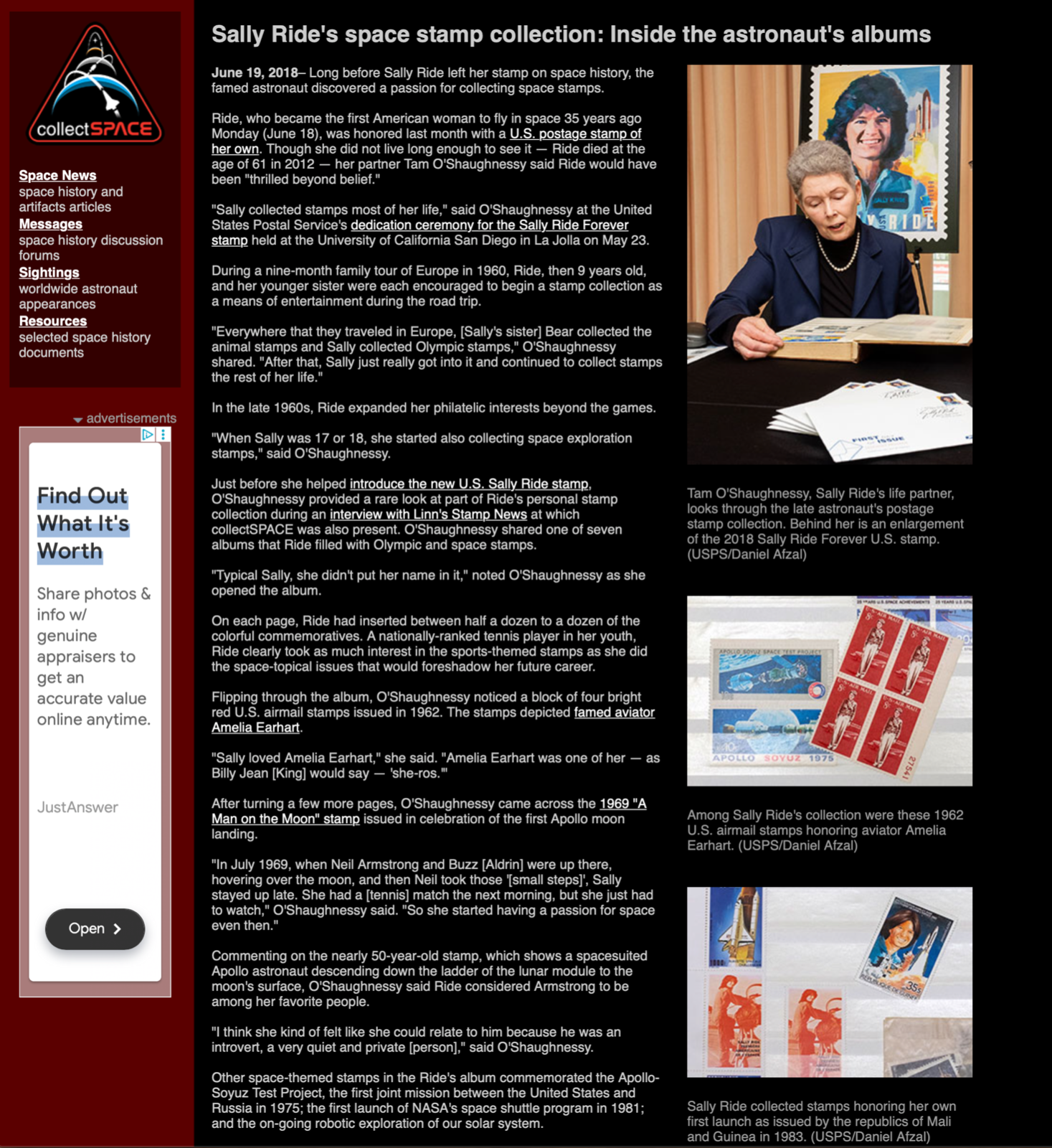 SALLY RIDE * Ride Estate COA * Her Owned Space Stamps EX: Smithsonian