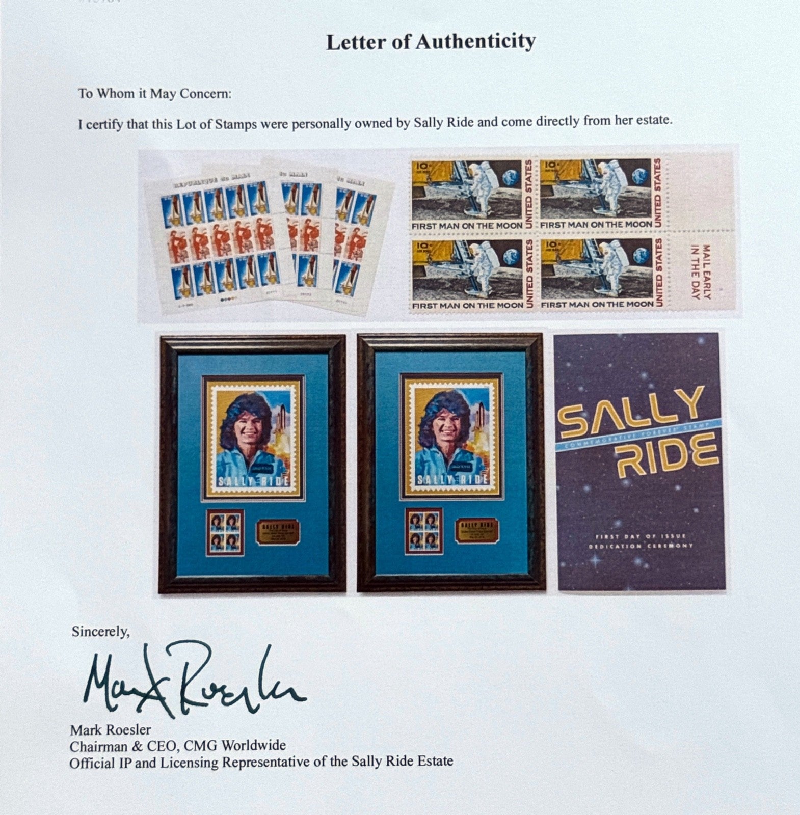 SALLY RIDE * Ride Estate COA * Her Owned Space Stamps EX: Smithsonian