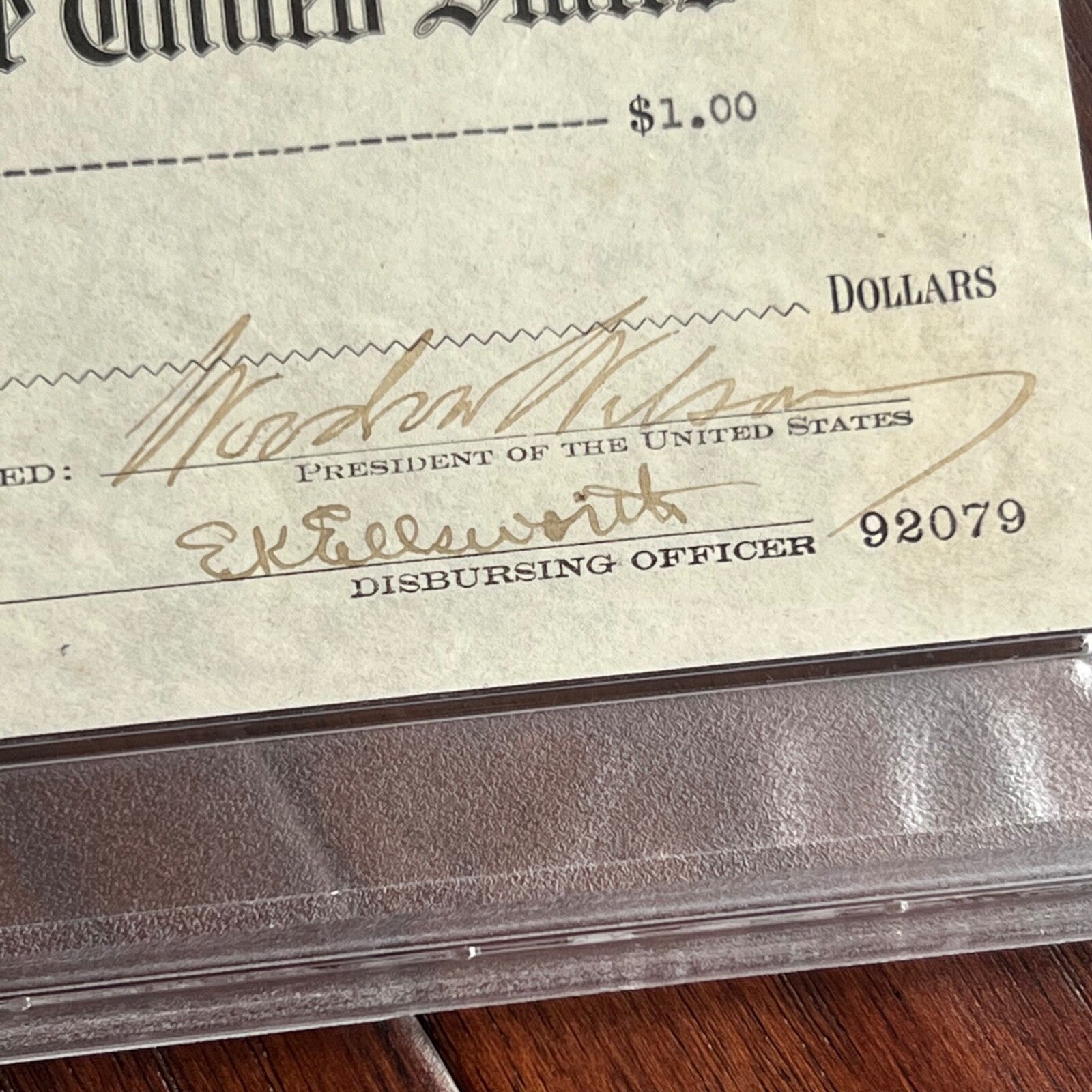 WOODROW WILSON * Autograph Symbolic WWI $1 CHECK Signed as POTUS * Dollar