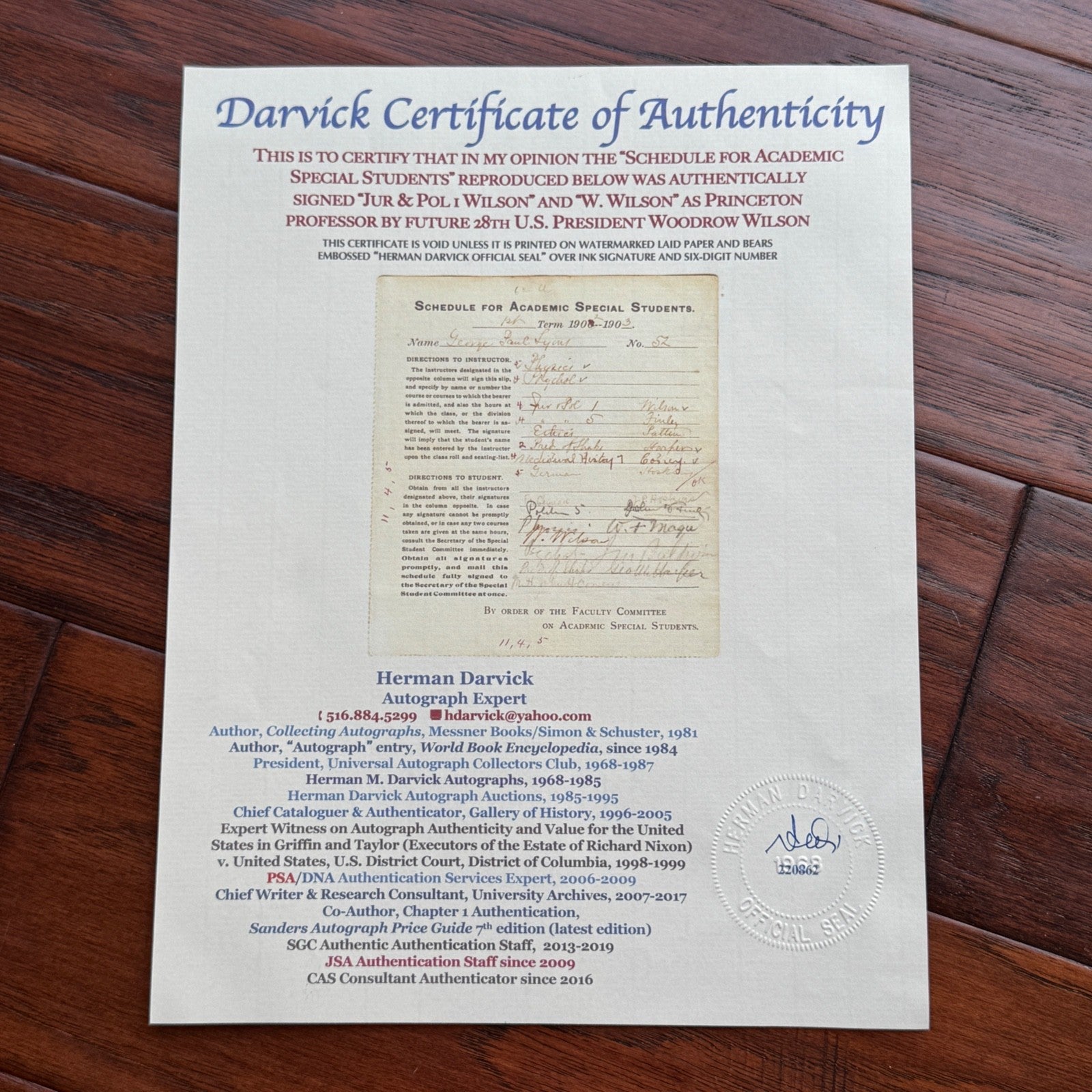 WOODROW WILSON  * JSA * Autograph PRINCETON Academic Schedule SIGNED 2x