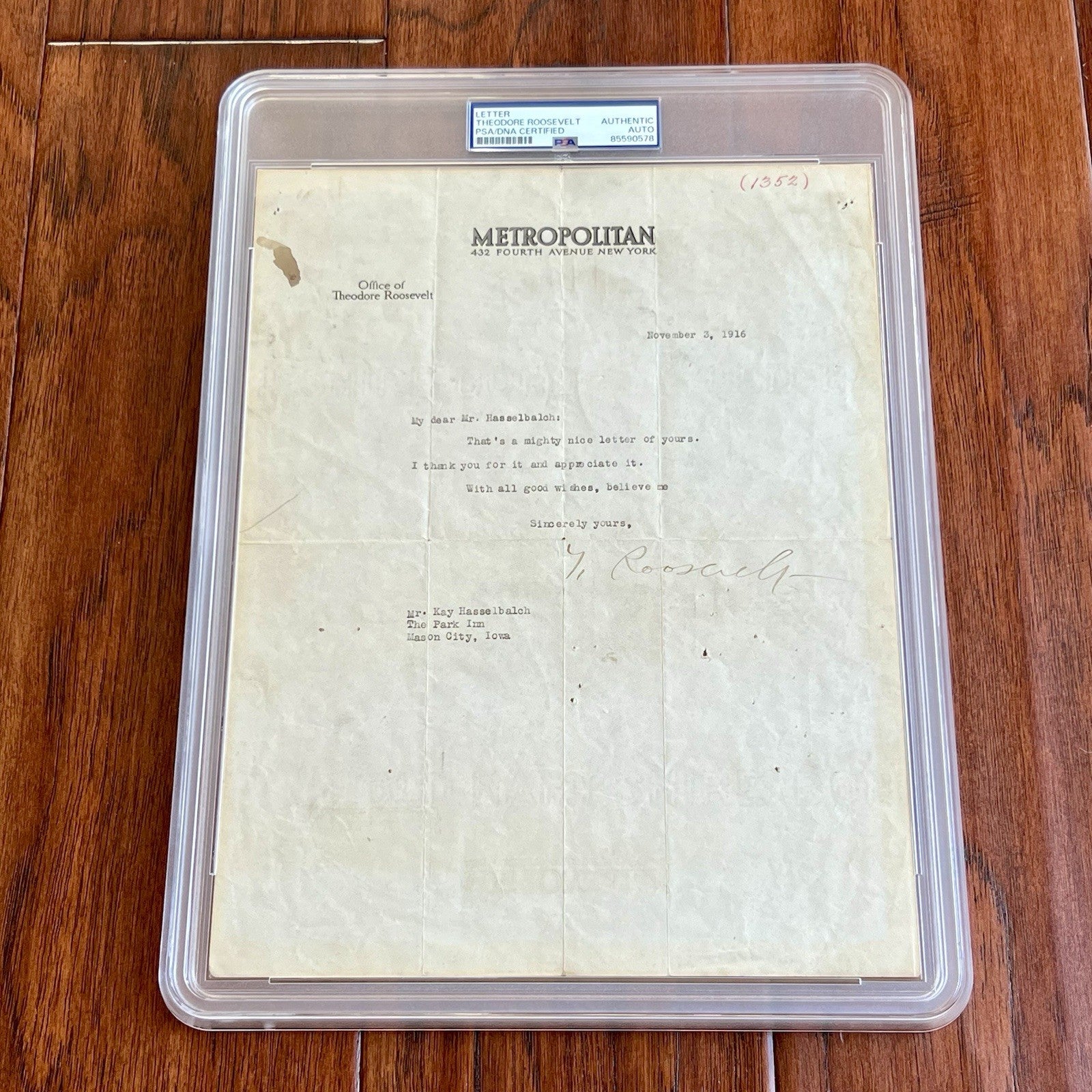 THEODORE ROOSEVELT * PSA * Autograph METROPOLITAN Letter Signed * 1916