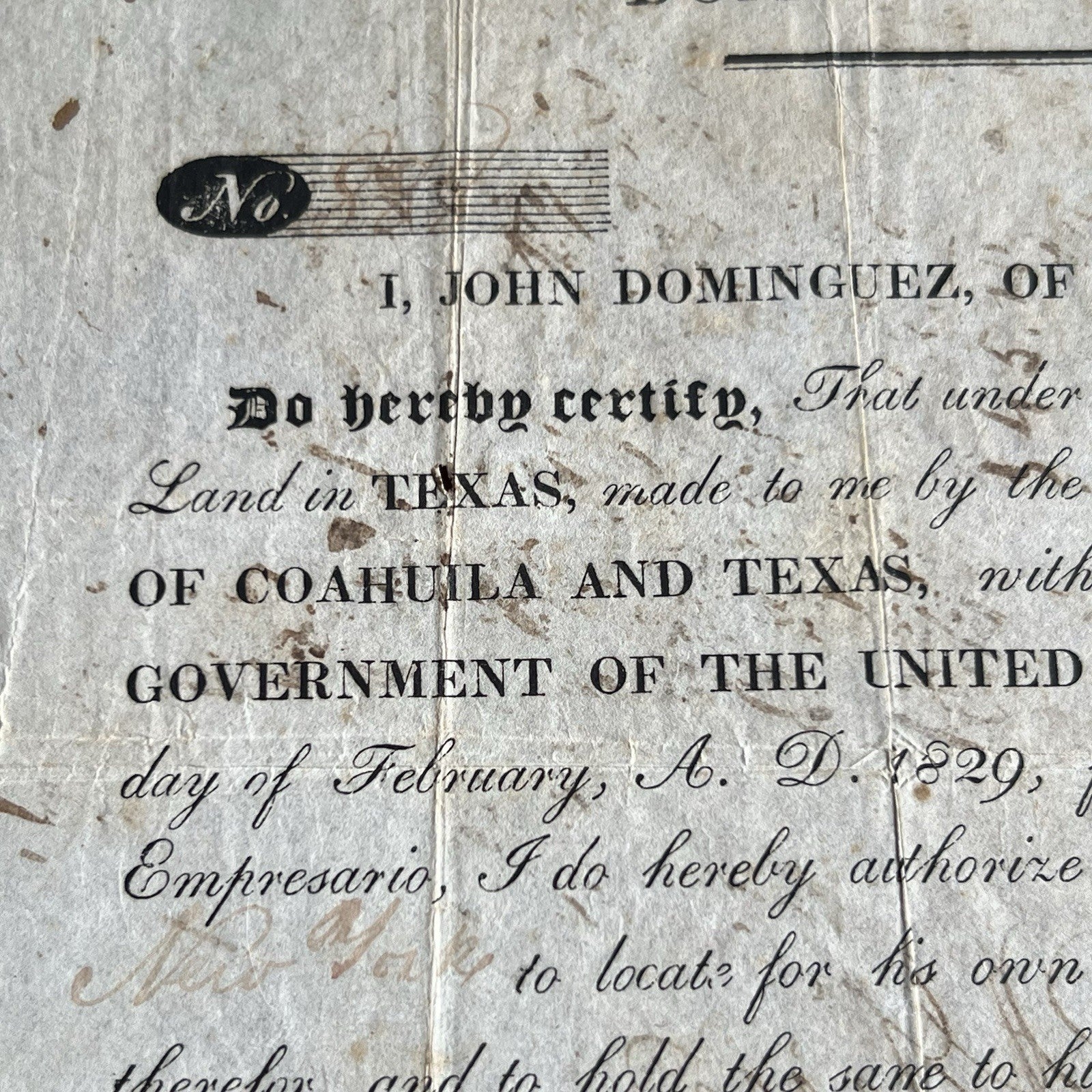 TEXAS COLONIZATION LAND GRANT * John Dominguez Signed Texana 1831 Broadside