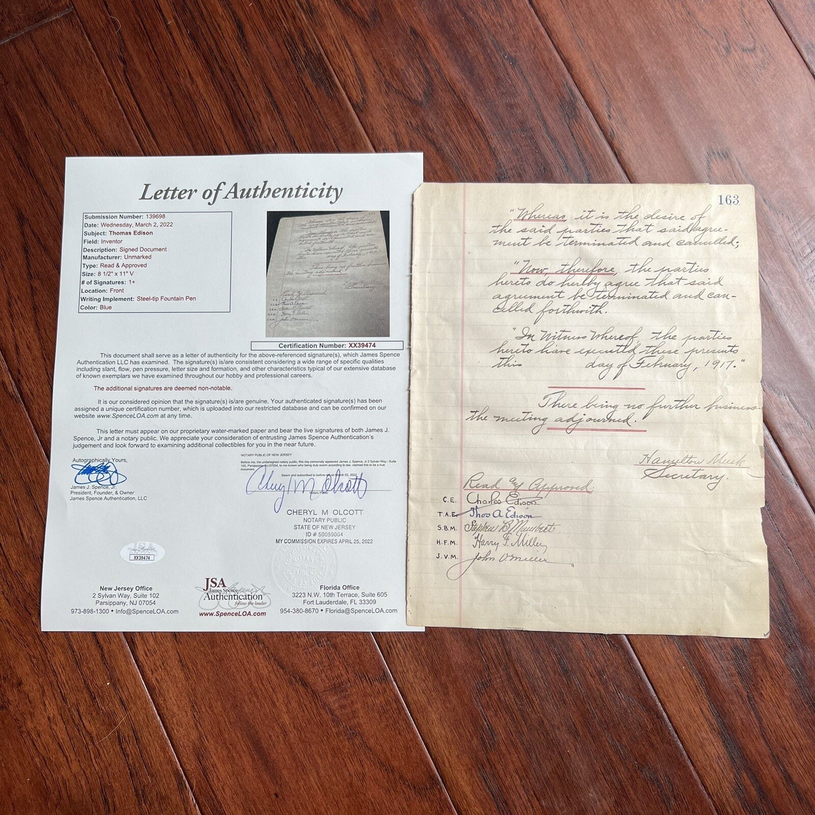 THOMAS EDISON * JSA LOA * AUTOGRAPH 1917 World War 1 Experiments Minutes SIGNED