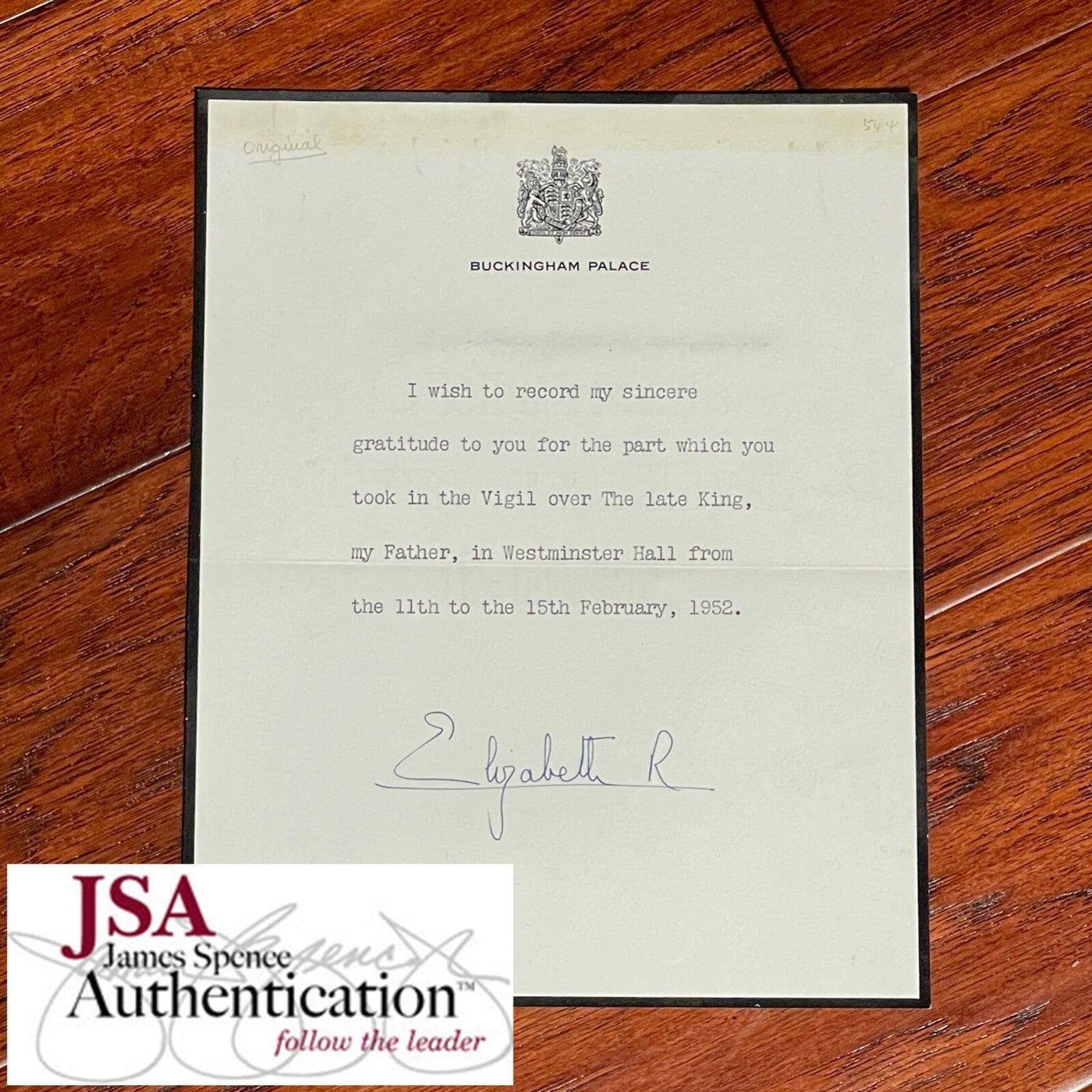 QUEEN ELIZABETH II * JSA * Autograph Letter DEATH OF HER FATHER Signed