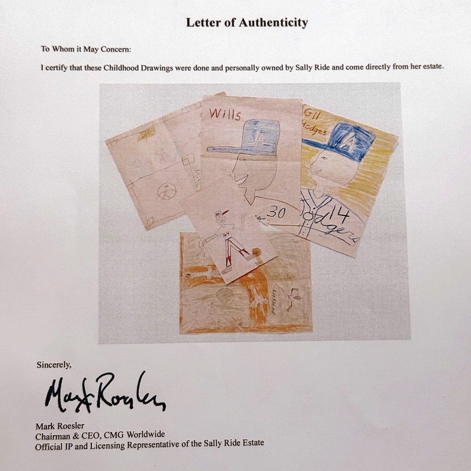 SALLY RIDE * Ride Estate Signed COA * Childhood DODGERS Drawing EX: Smithsonian