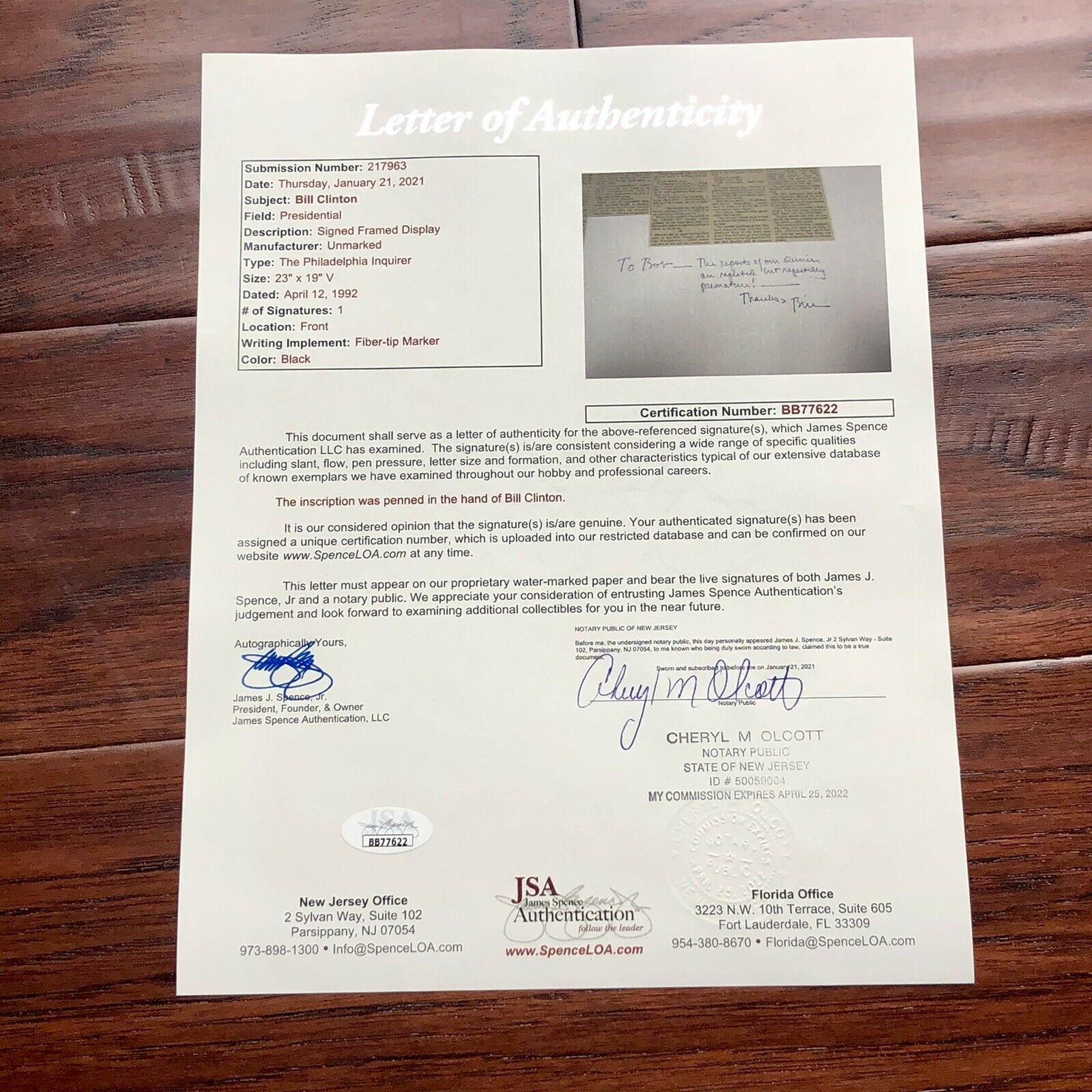 BILL CLINTON * JSA LOA * Signed Autograph Newspaper * Comeback Kid Inscription