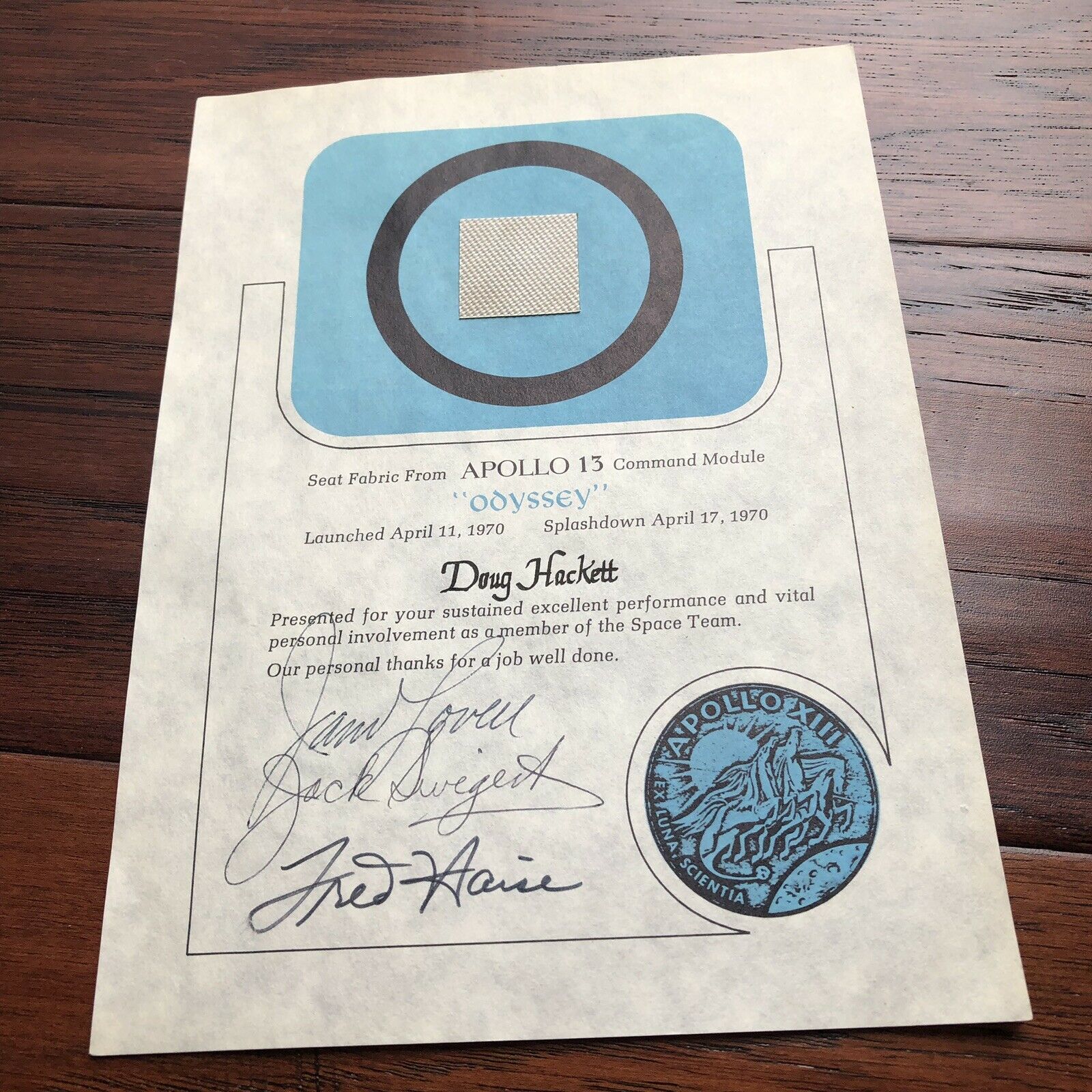 APOLLO 13 * Crew Signed Fabric FLOWN AROUND THE MOON * Autograph Jack Swigert