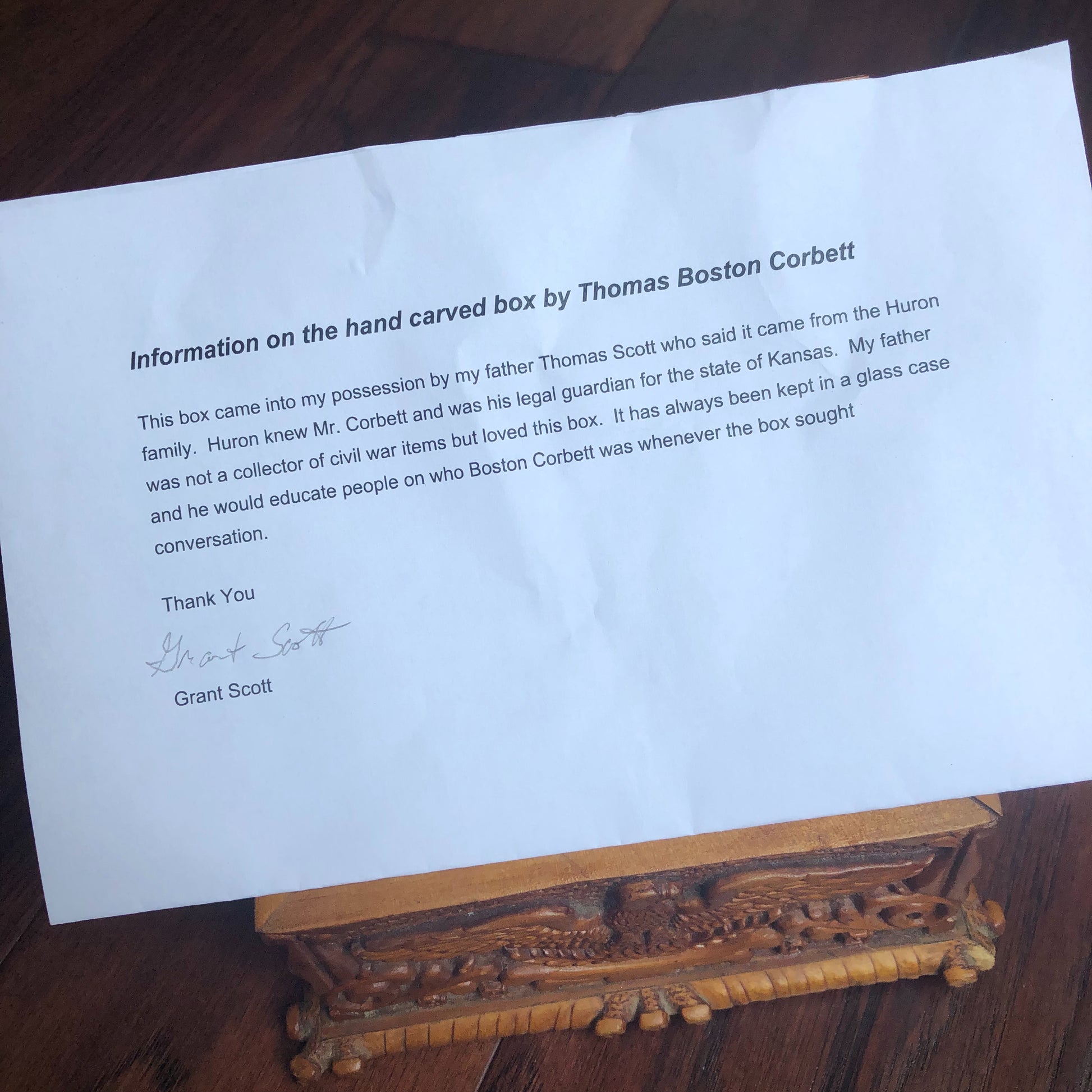 BOSTON CORBETT * Personally Owned and Carved Box * Abraham Lincoln Avenger