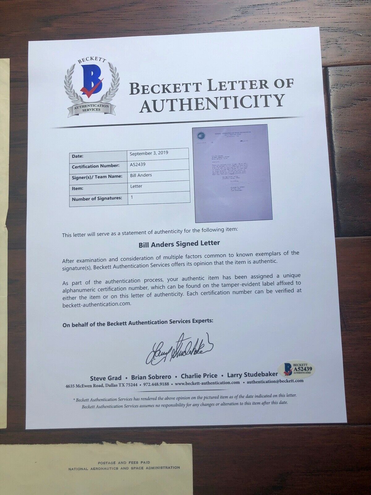BILL ANDERS * Beckett BAS * Hand Signed Autograph NASA LETTER Apollo 8 William *