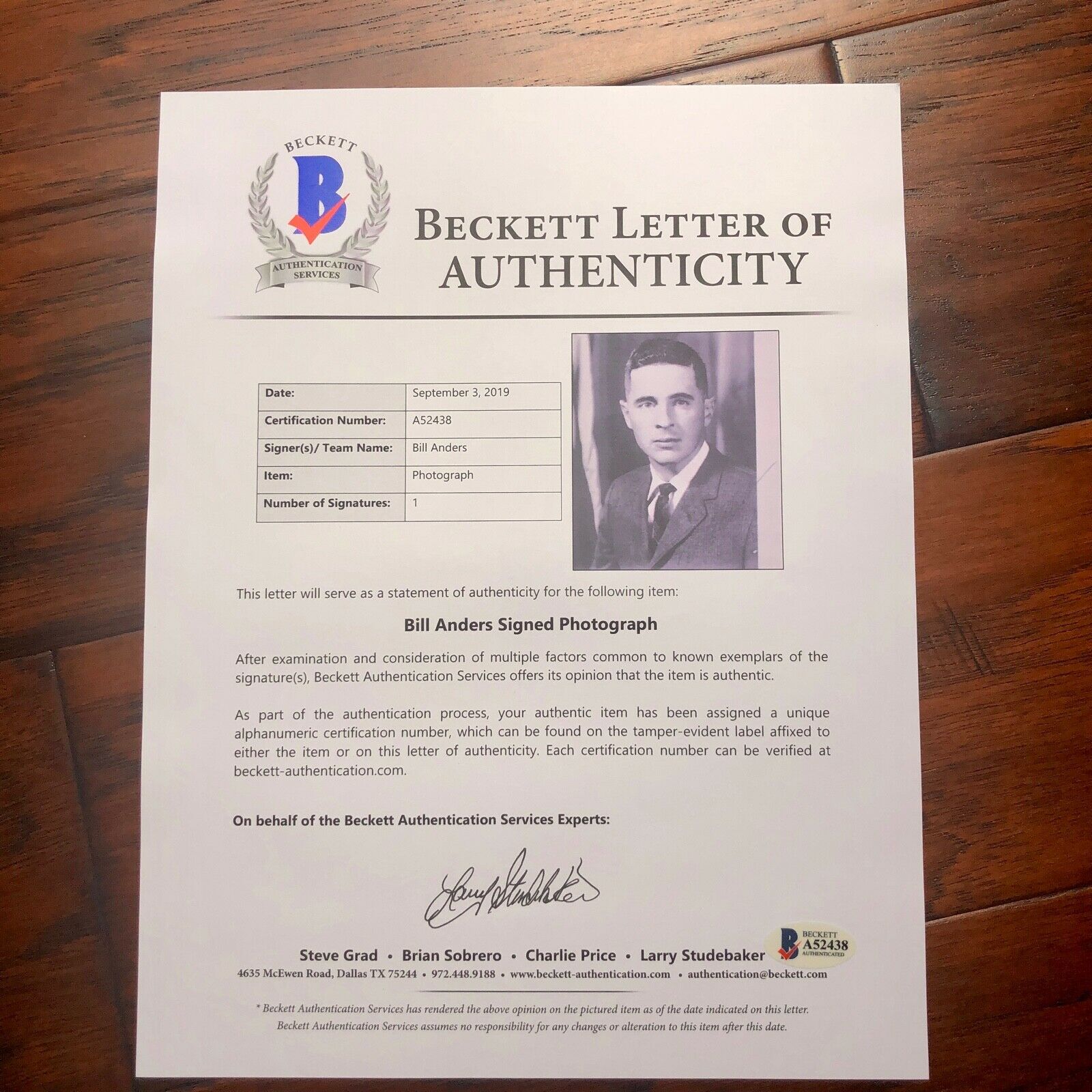 BILL ANDERS * Beckett BAS LOA * Hand Signed Photo Apollo 8 Autograph William *