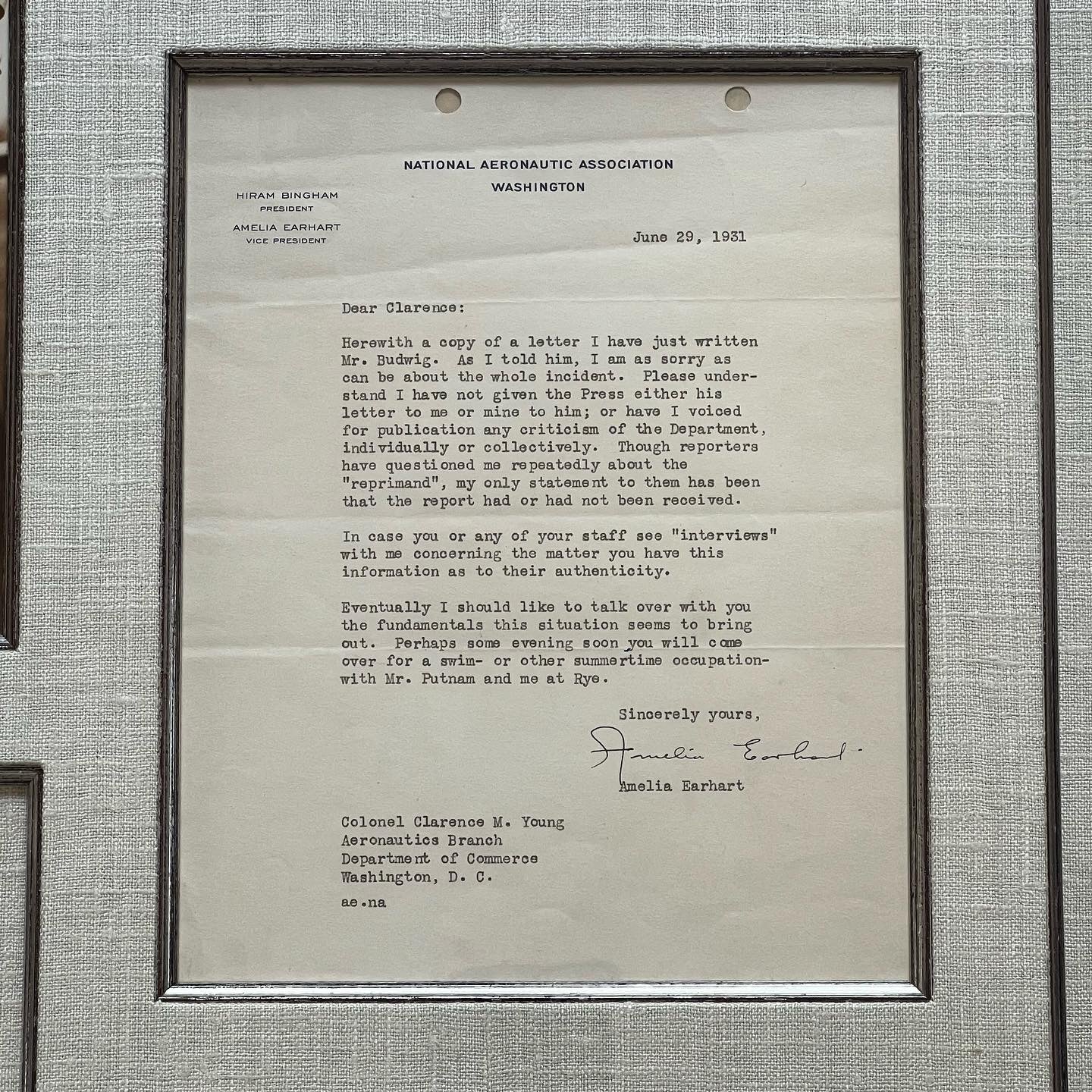 Amelia Earhart Signed Letter Apologizing After Crashing an Aircraft