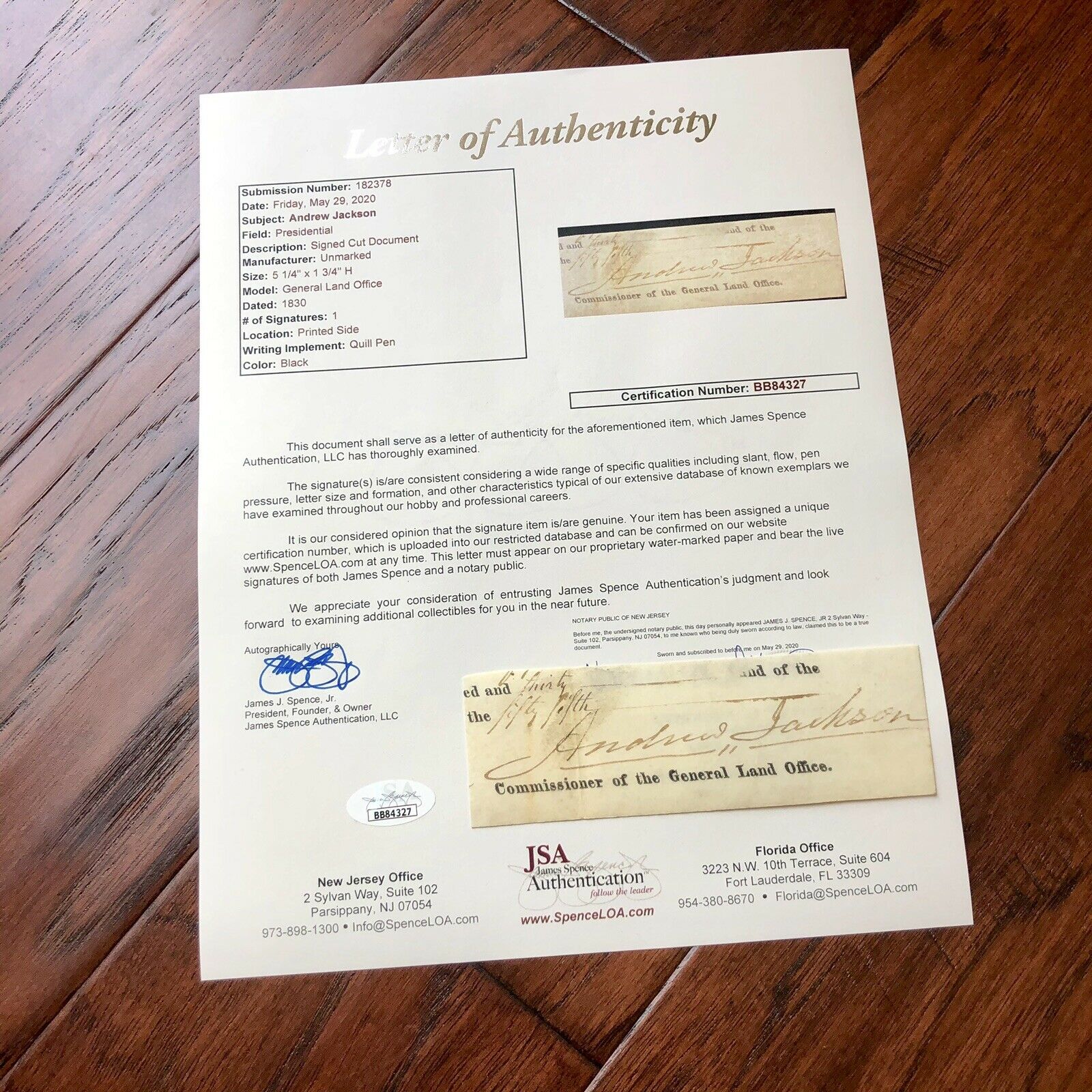 ANDREW JACKSON * JSA LOA * Autograph Cut Signature Signed * As President