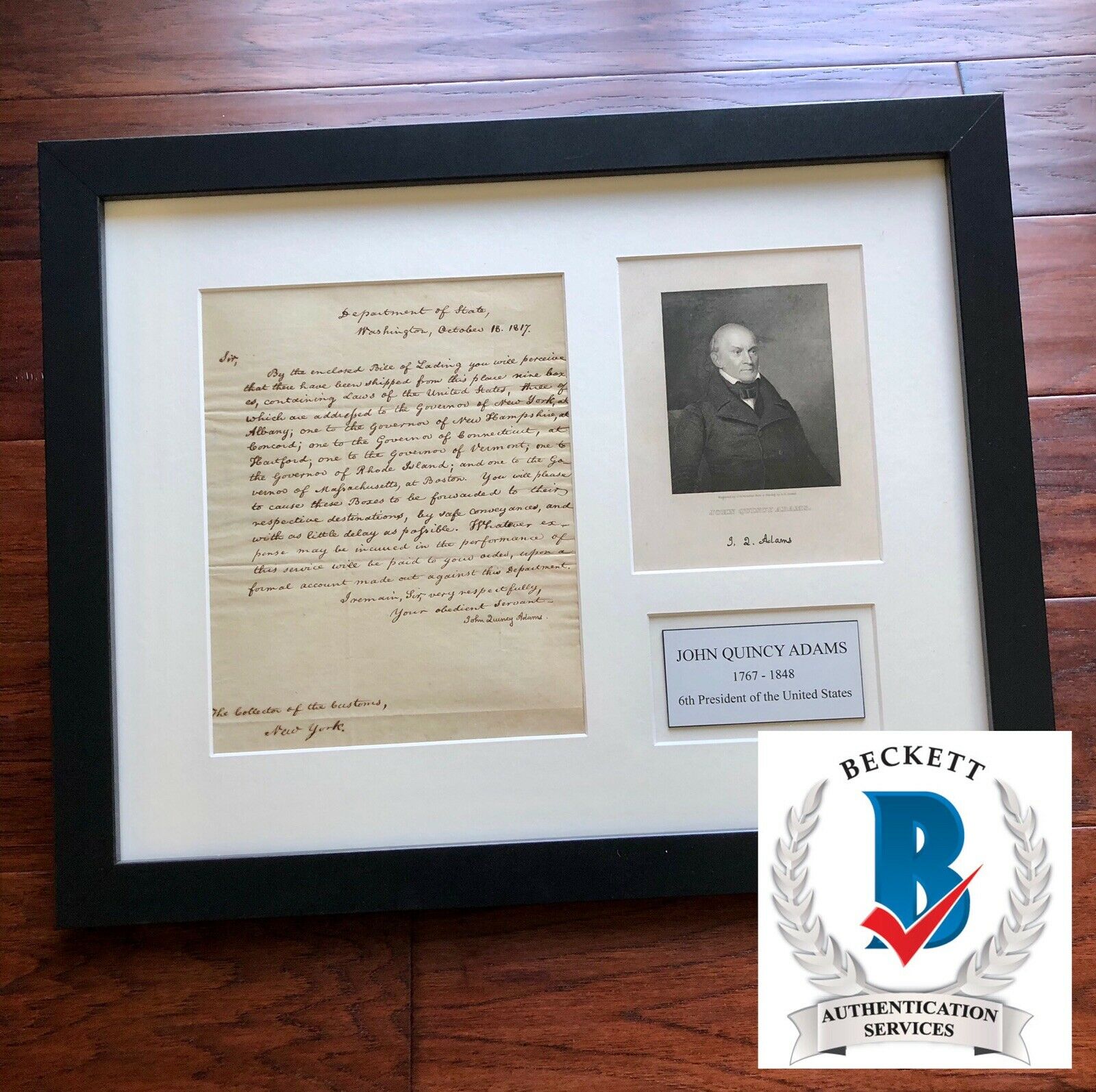 JOHN QUINCY ADAMS * BECKETT BAS * Autograph "United States Laws" Letter Signed *