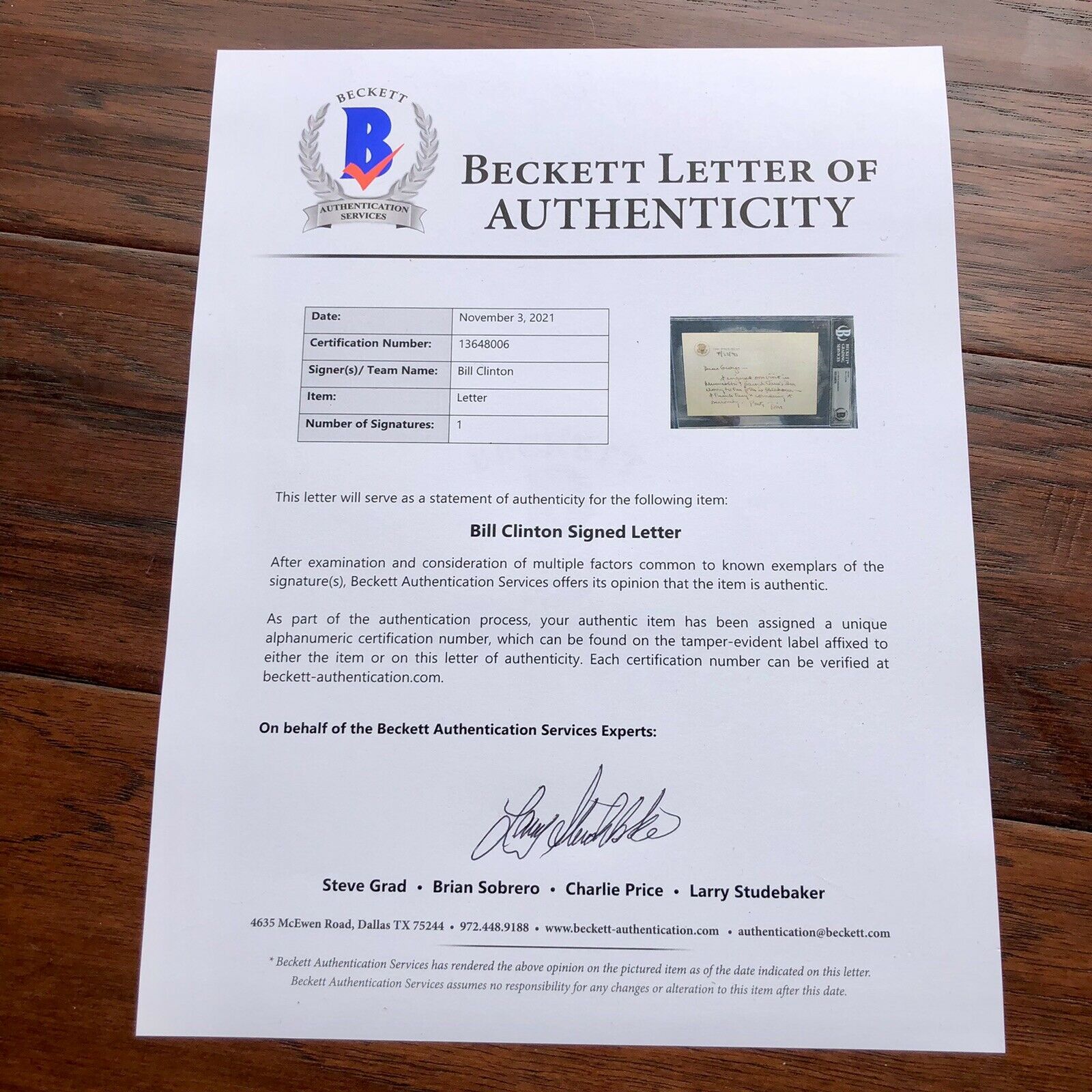 BILL CLINTON * Beckett BAS * Autograph Note As President Signed OK City Bombing