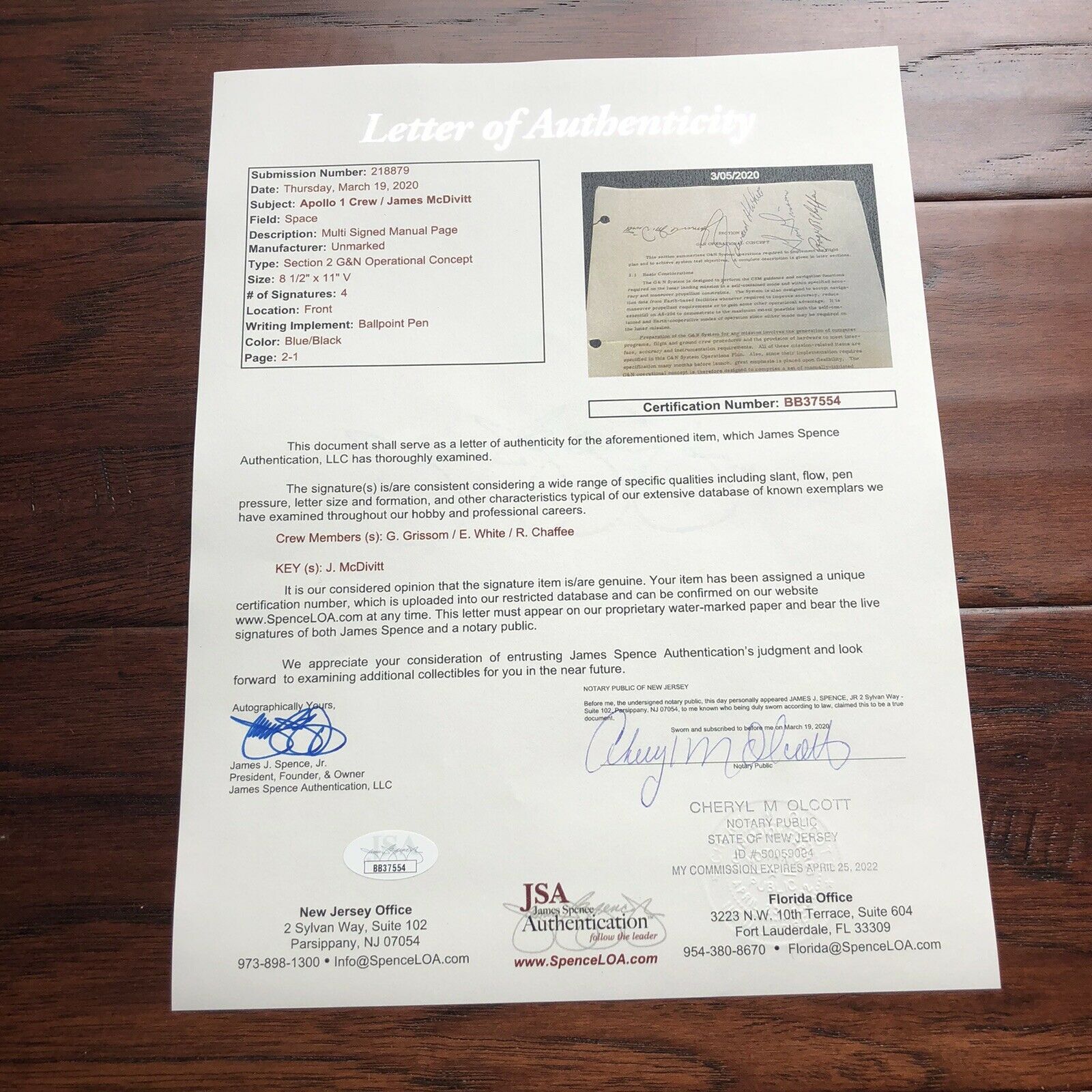 Apollo 1 * JSA * Crew Autograph NASA Document Signed * Roger Chaffee Gus Grissom