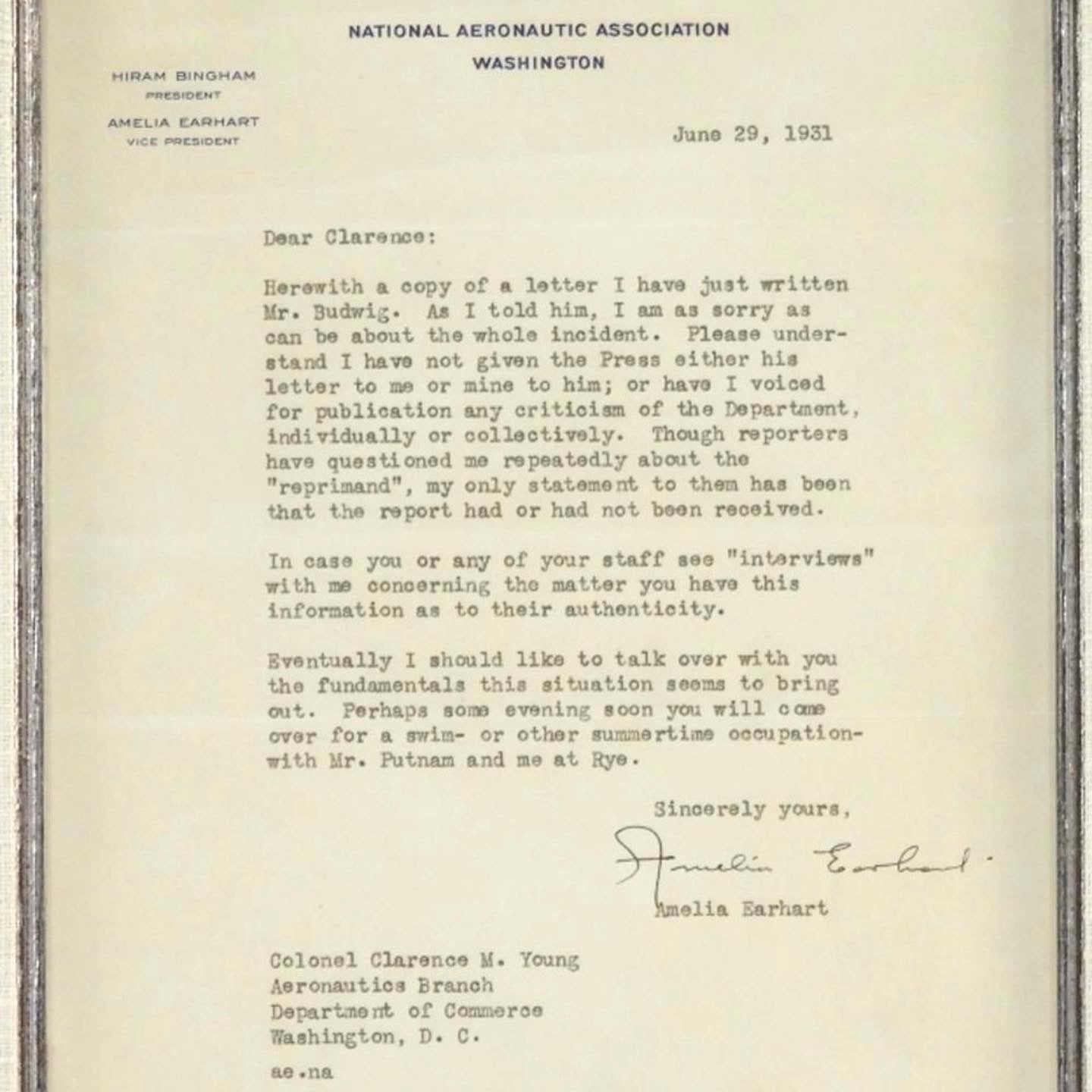Amelia Earhart Signed Letter Apologizing After Crashing an Aircraft