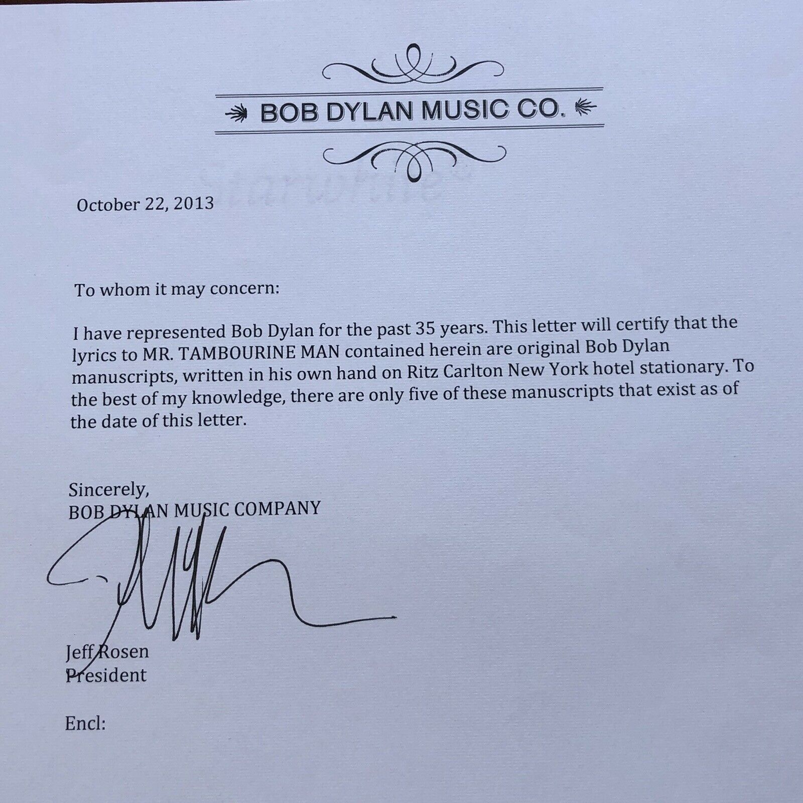 BOB DYLAN * Autograph Signed Handwritten Lyrics Mr Tambourine Man * From Manager