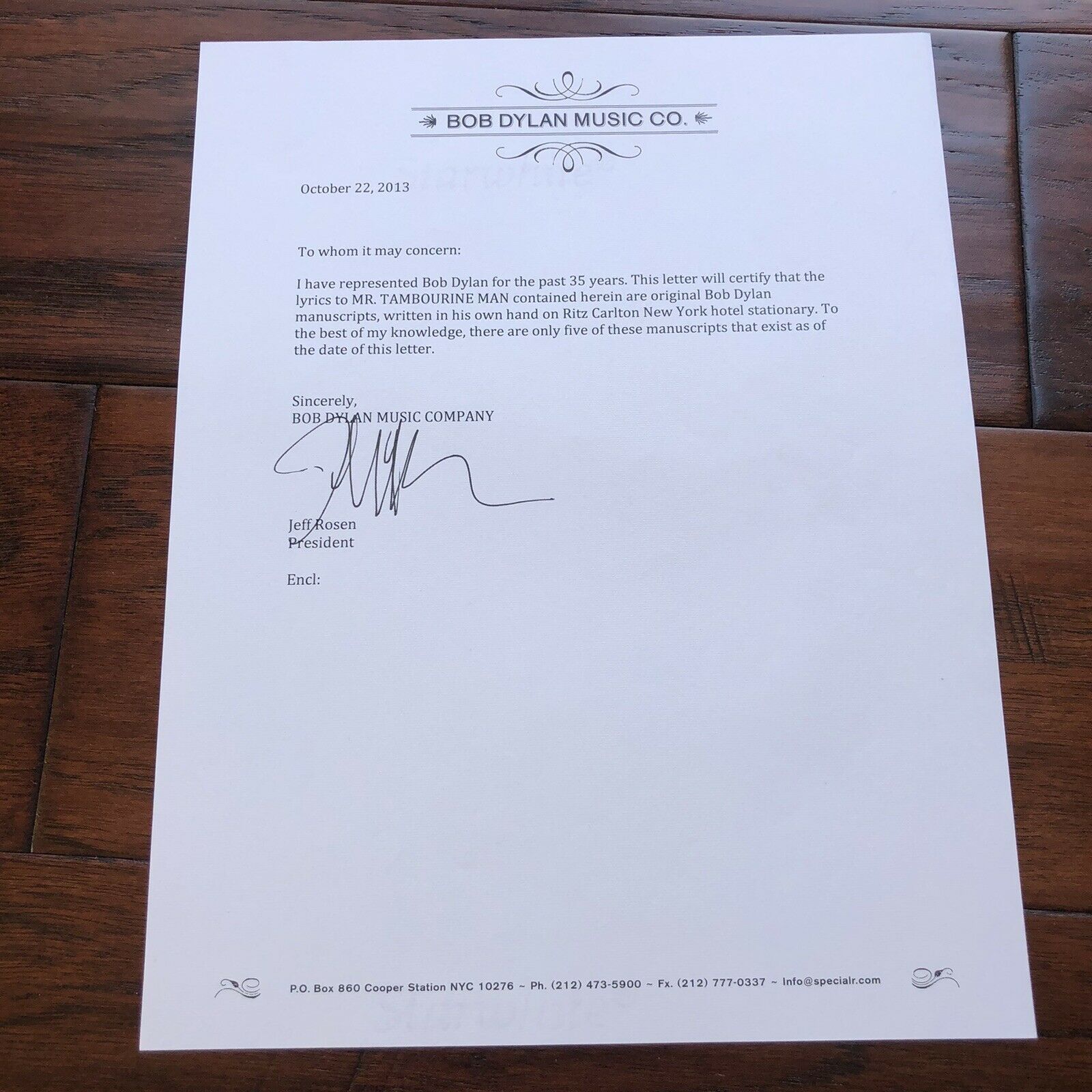 BOB DYLAN * Autograph Signed Handwritten Lyrics Mr Tambourine Man * From Manager