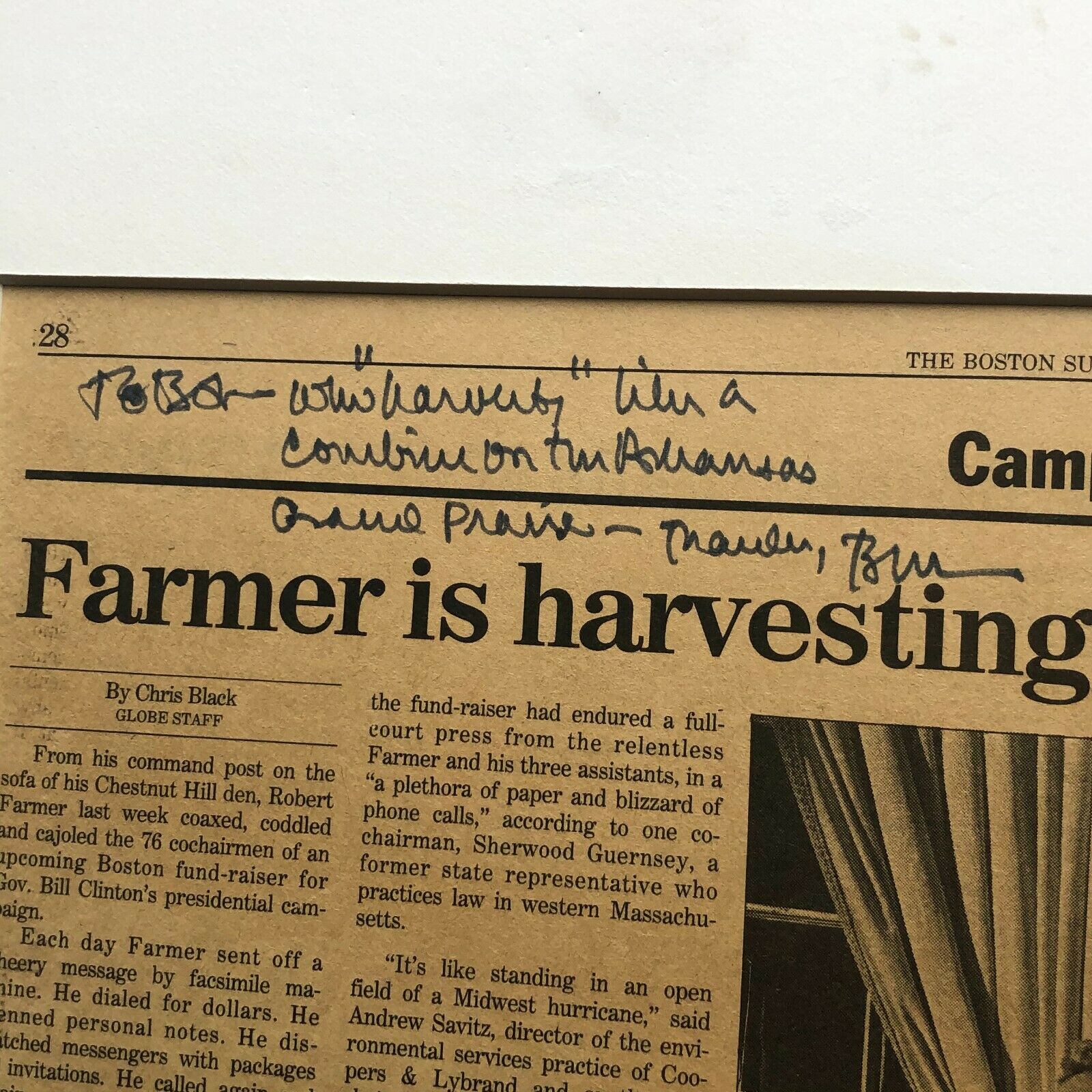 BILL CLINTON * JSA LOA * AUTOGRAPH Newspaper SIGNED re: Harvesting Contributions