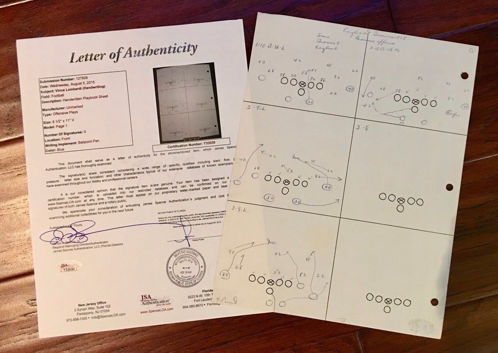 VINCE LOMBARDI JSA COA Scarce Handwritten Play Packers