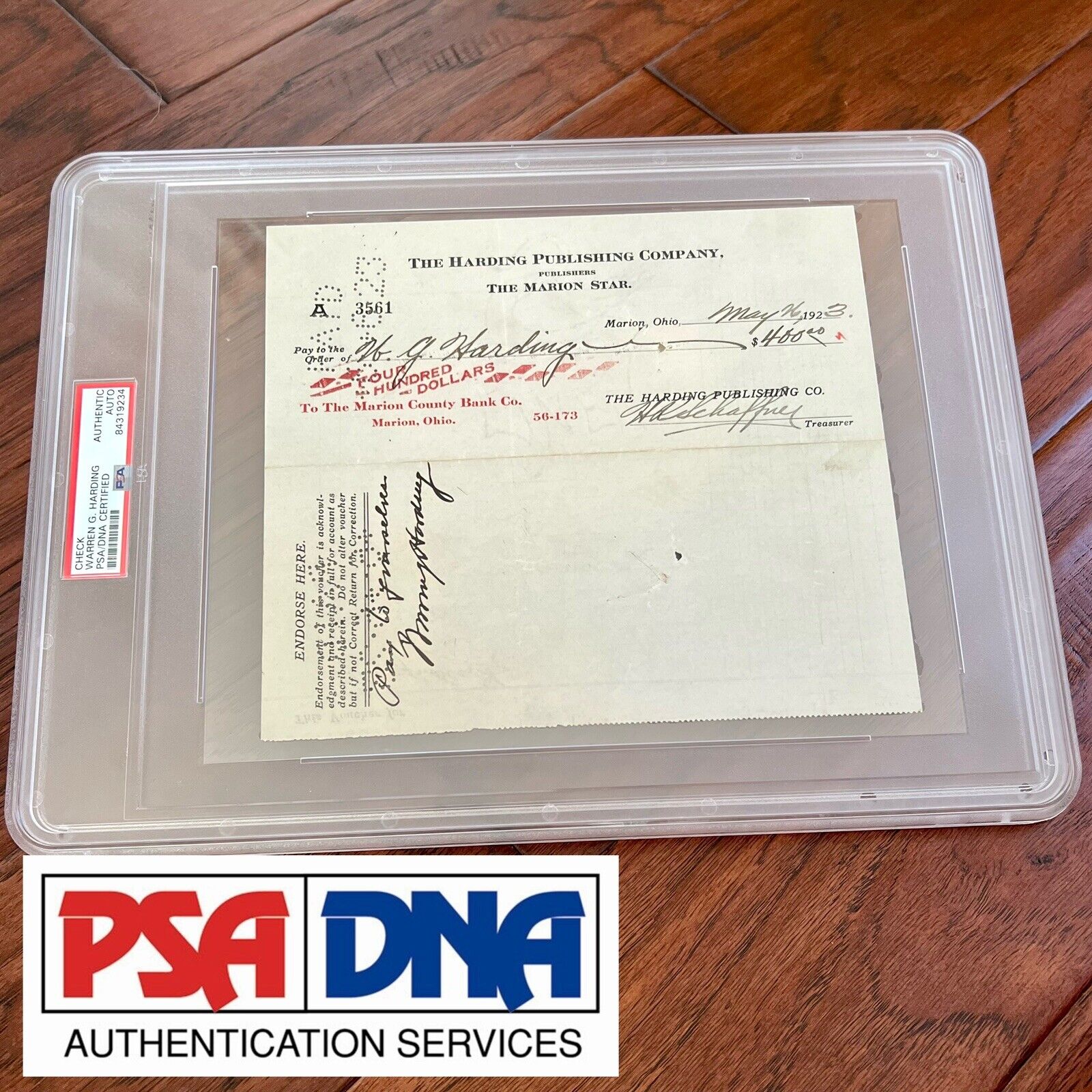 WARREN G. HARDING * PSA/DNA * Check Signed AS PRESIDENT Autograph Slabbed