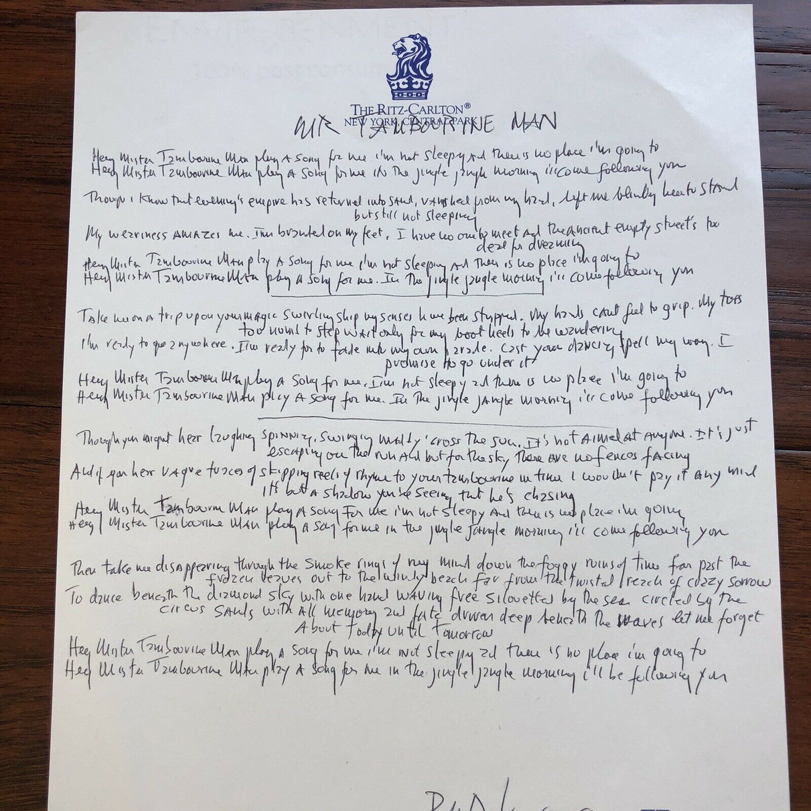 BOB DYLAN * Autograph Signed Handwritten Lyrics Mr Tambourine Man * From Manager