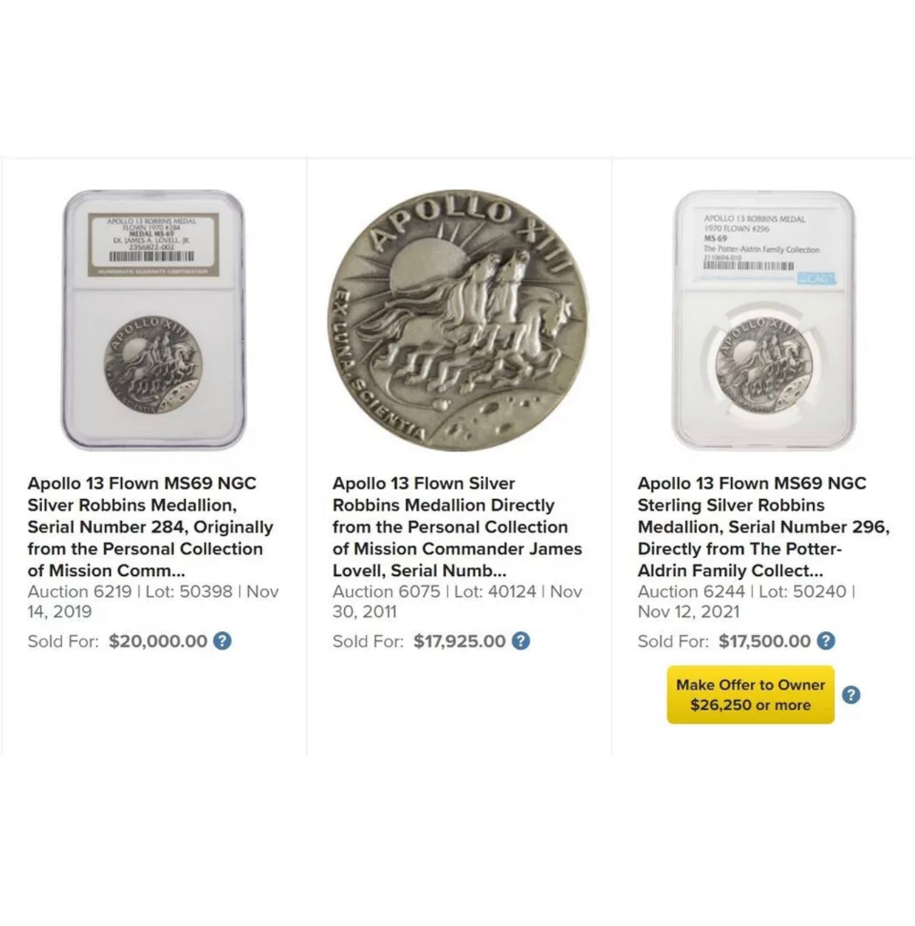 APOLLO 13 * Flown Robbins Medallion * NASA Story Musgrave Signed LOA NGC