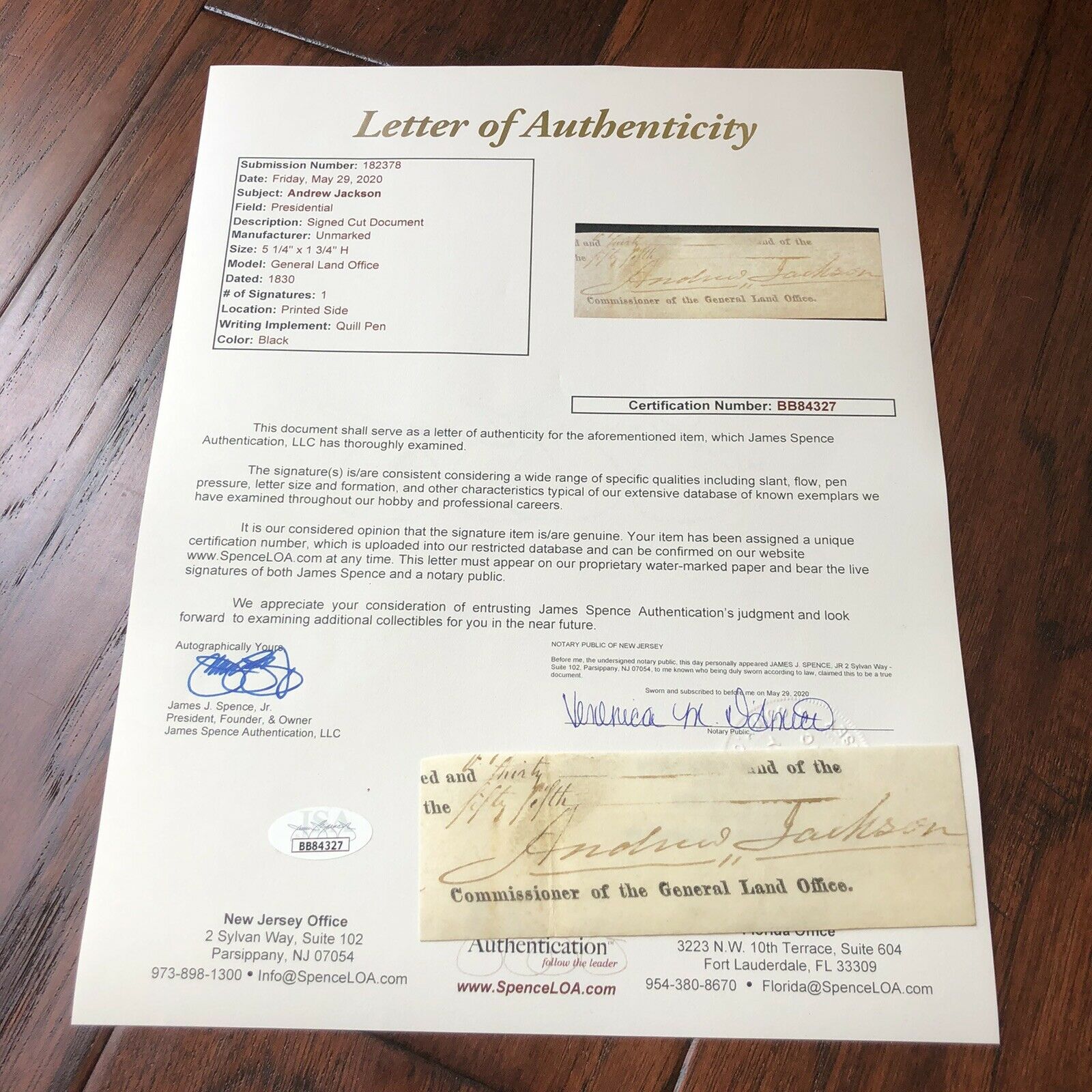 ANDREW JACKSON * JSA LOA * Autograph Cut Signature Signed * As President