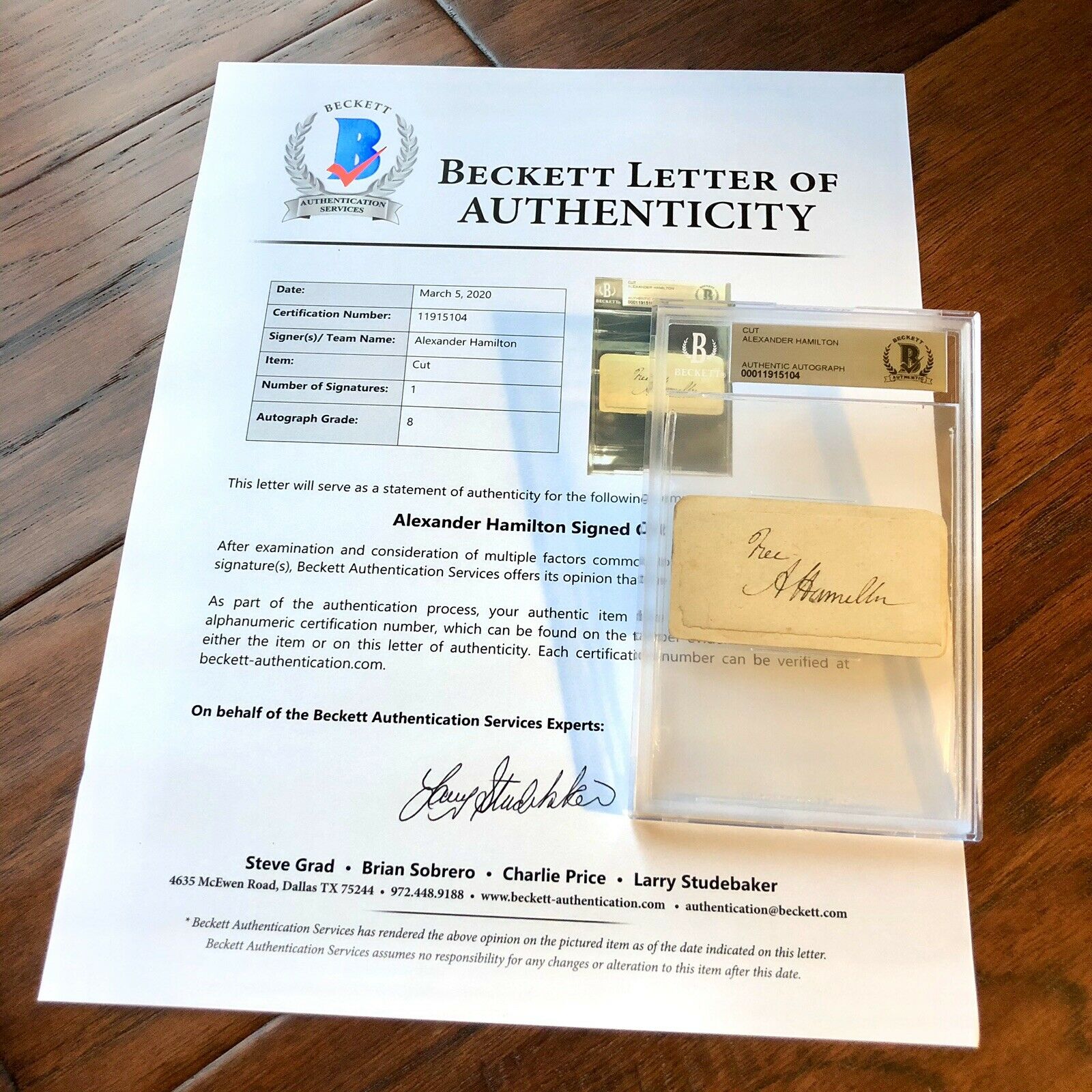 ALEXANDER HAMILTON * BAS Beckett LOA * Autograph Free Frank Signed Slabbed NM 8