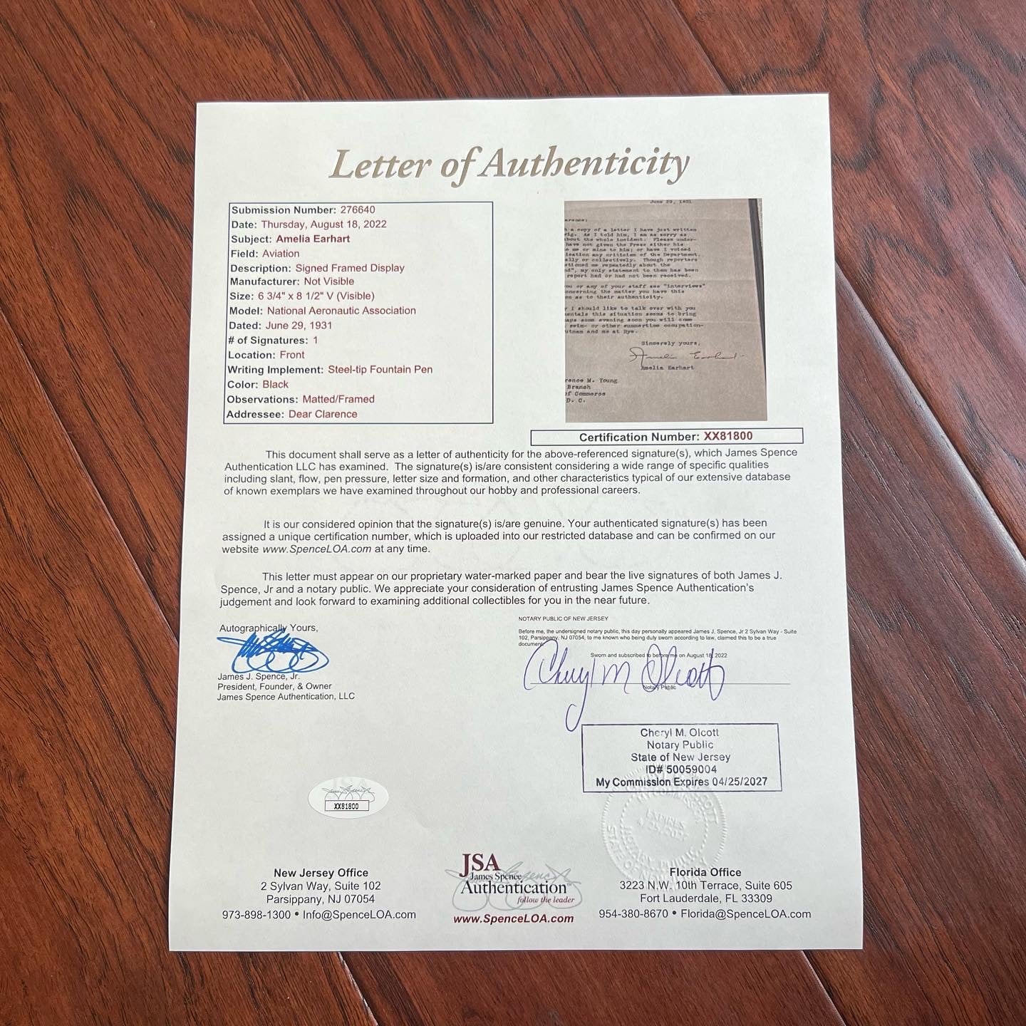 Amelia Earhart Signed Letter Apologizing After Crashing an Aircraft