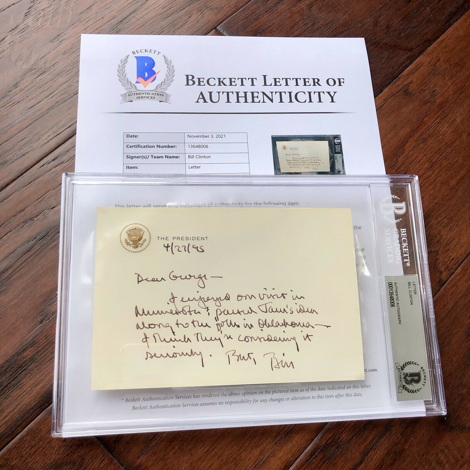 BILL CLINTON * Beckett BAS * Autograph Note As President Signed OK City Bombing