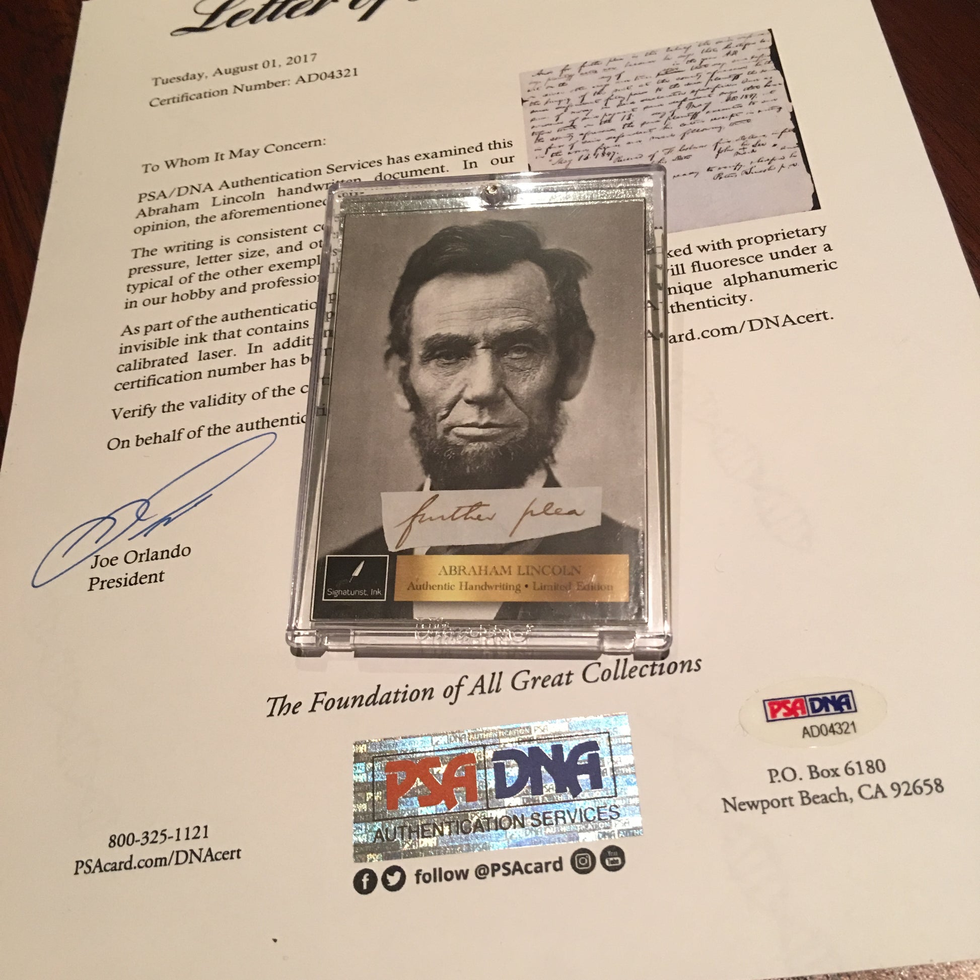 ABRAHAM LINCOLN * PSA/DNA * Words "further plea"