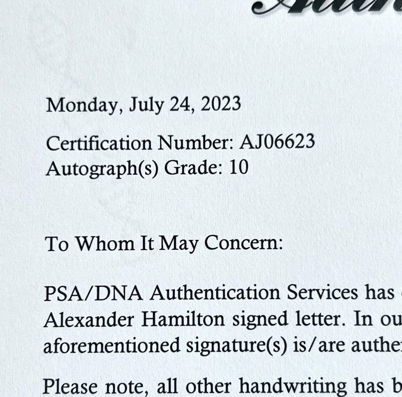 ALEXANDER HAMILTON * PSA/DNA * GRADE 10 Letter Signed Autograph as Sec Treasury