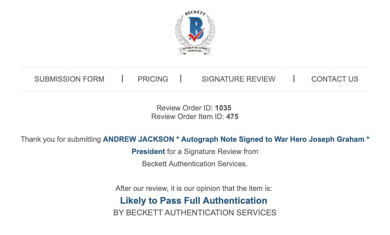 ANDREW JACKSON * Autograph Note Signed to War Hero Joseph Graham * President