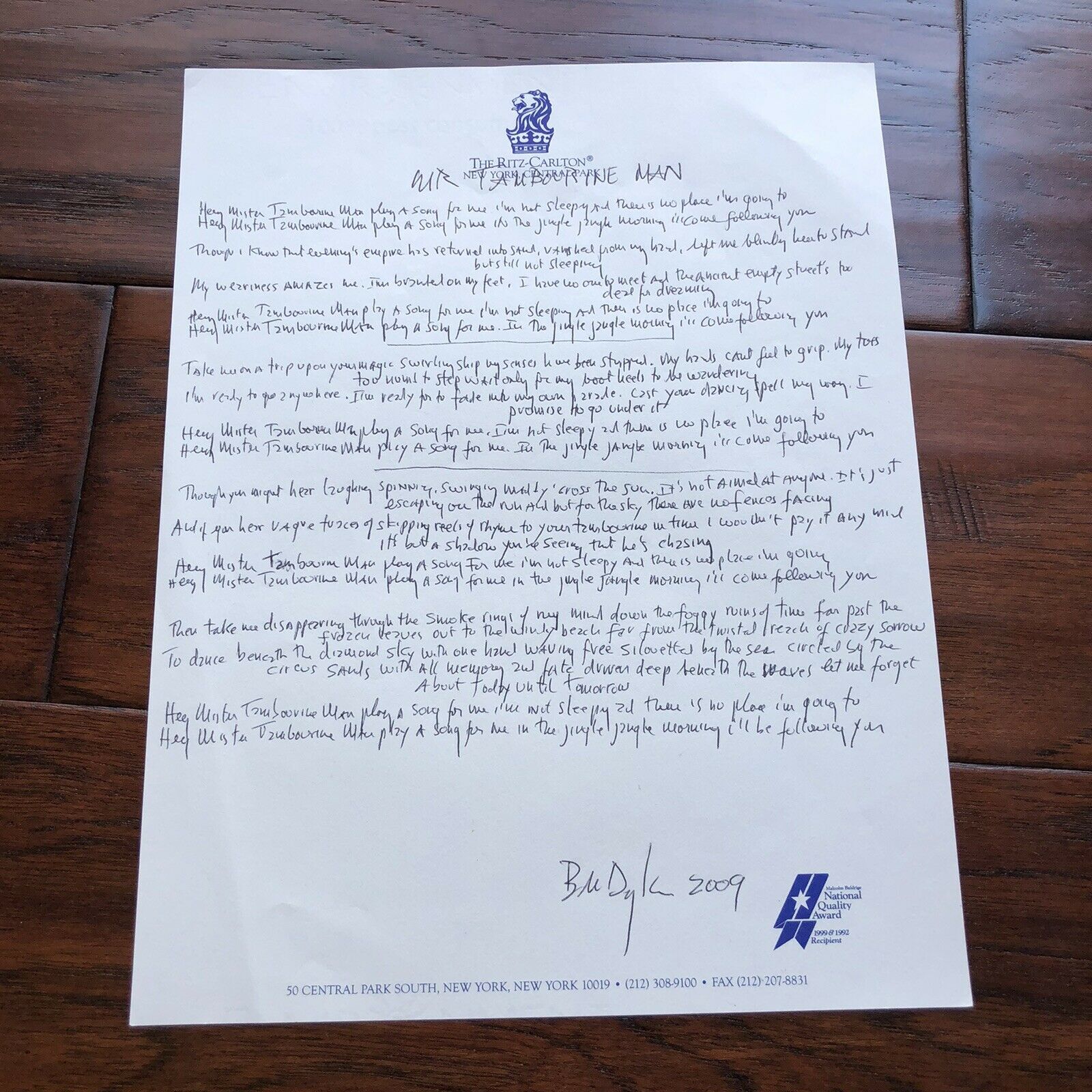 BOB DYLAN * Autograph Signed Handwritten Lyrics Mr Tambourine Man * From Manager