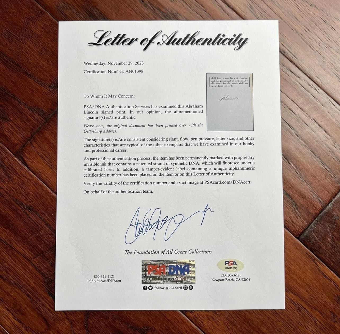 ABRAHAM LINCOLN * PSA * Autograph GETTYSBURG ADDRESS Souvenir Signed Signature