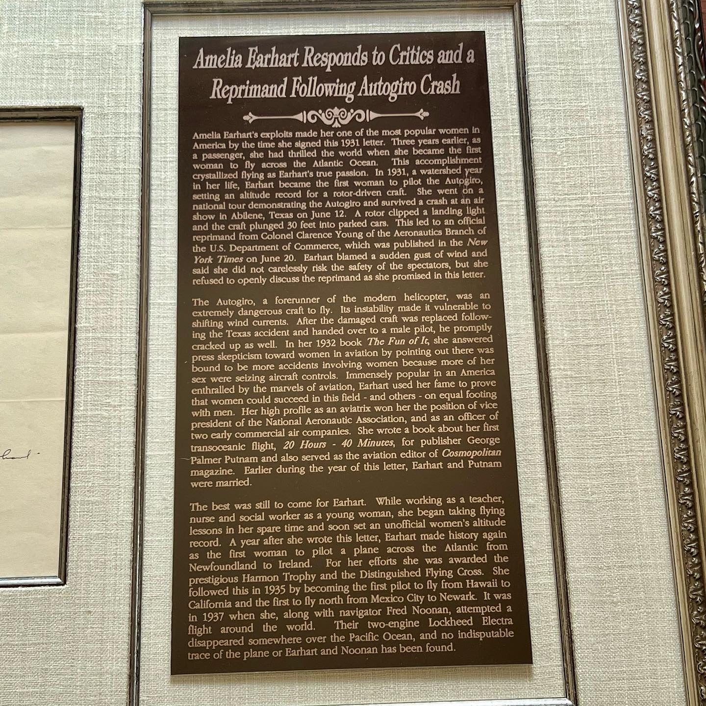 Amelia Earhart Signed Letter Apologizing After Crashing an Aircraft