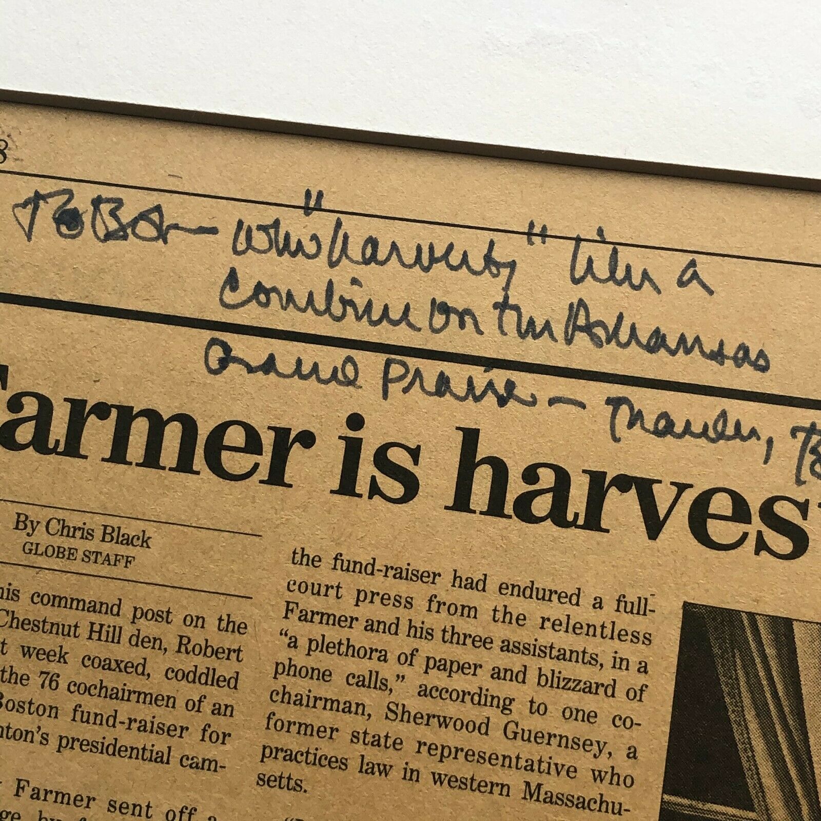 BILL CLINTON * JSA LOA * AUTOGRAPH Newspaper SIGNED re: Harvesting Contributions