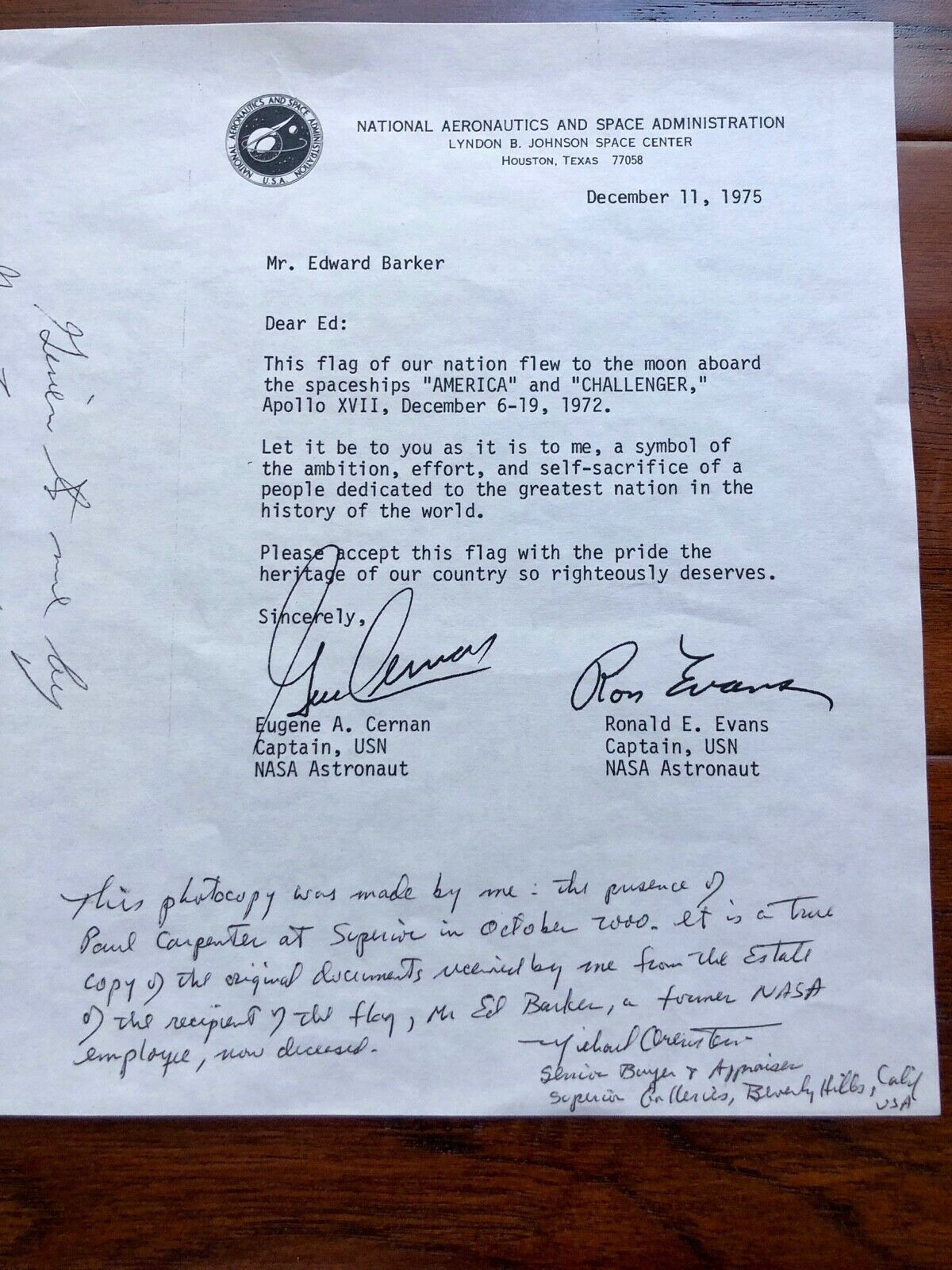 APOLLO 17 * Lunar Surface Flown Flag * NASA Employee Provenance * Gene Cernan